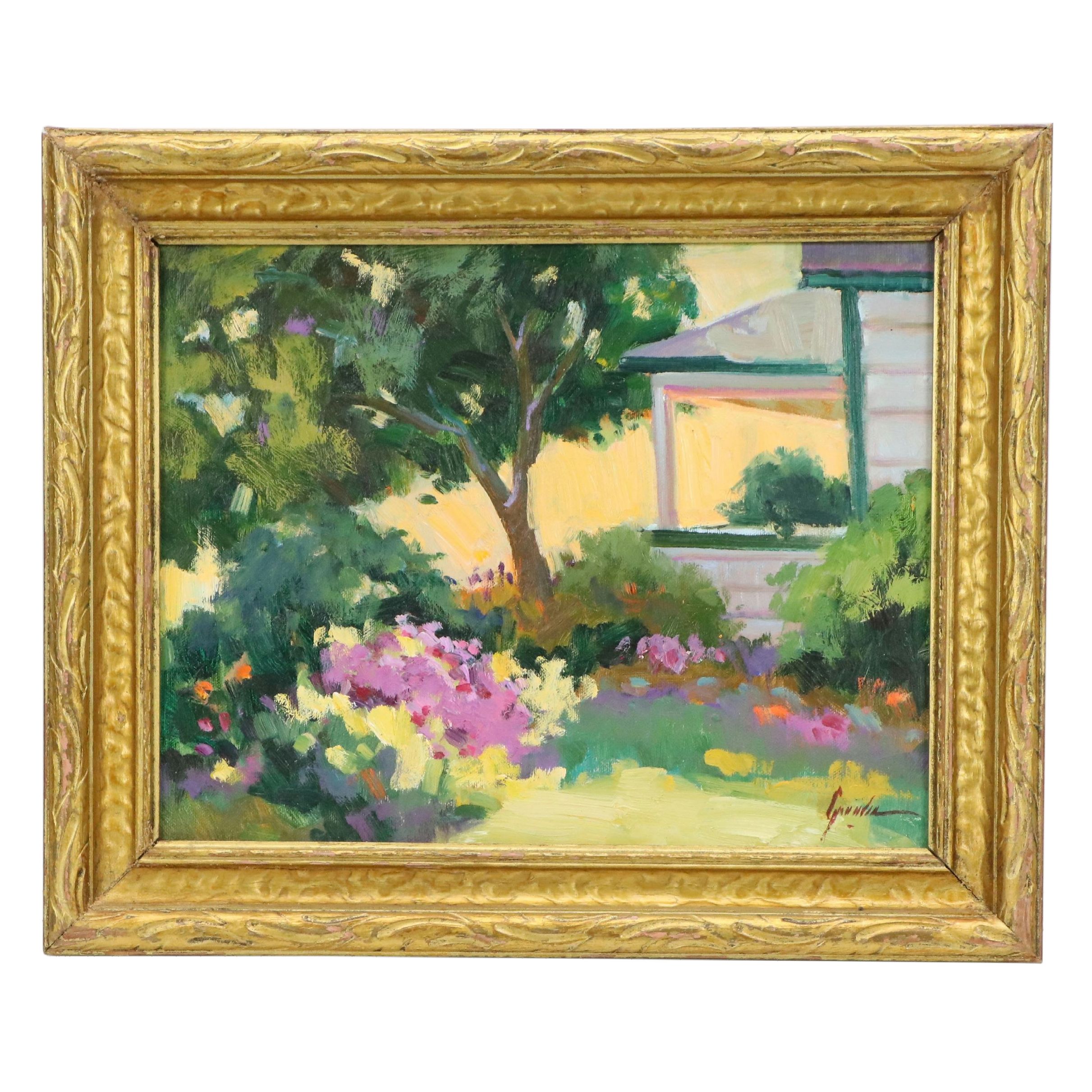 Verdant Landscape Oil Painting of House Exterior, Late 20th Century