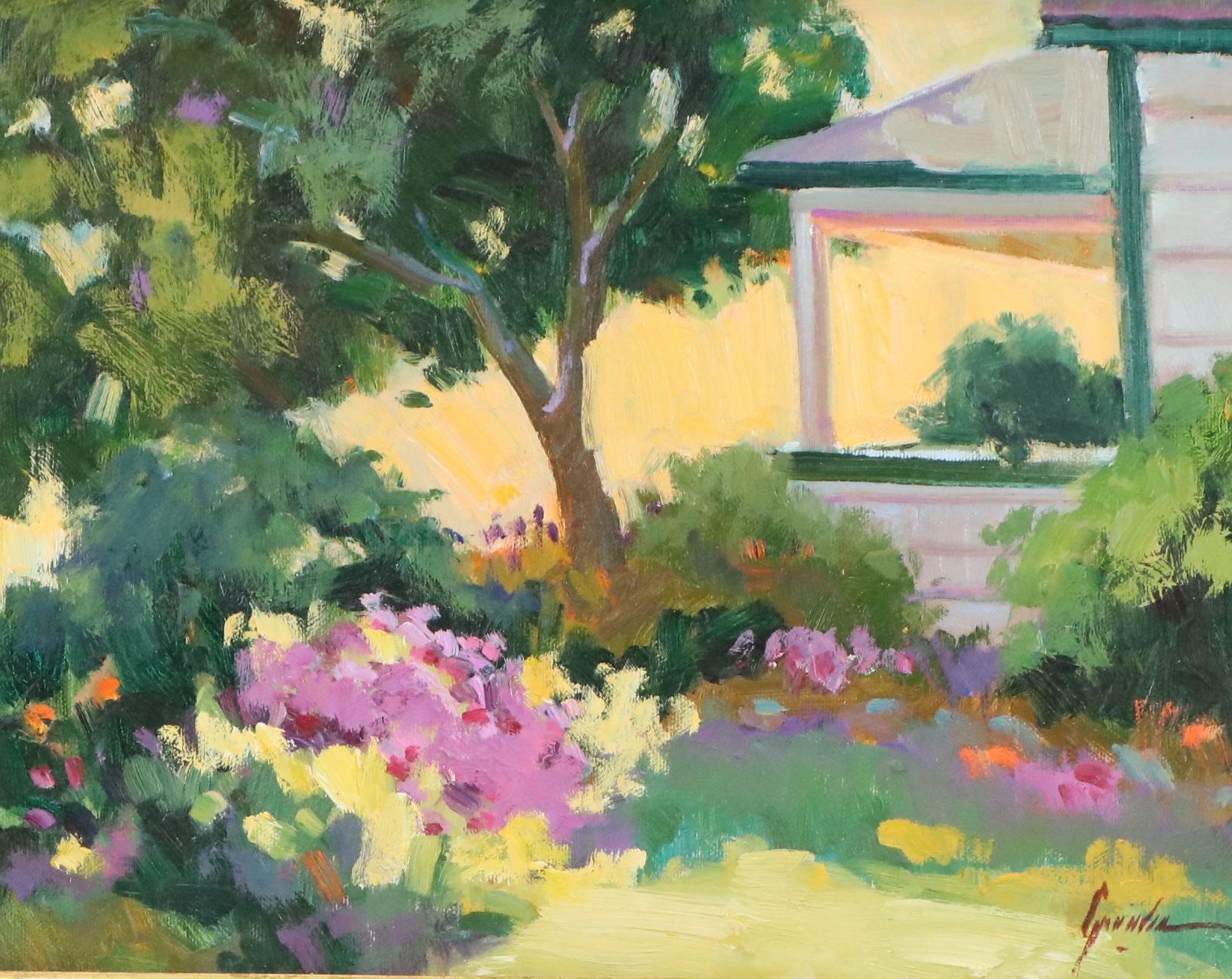 Verdant Landscape Oil Painting of House Exterior, Late 20th Century