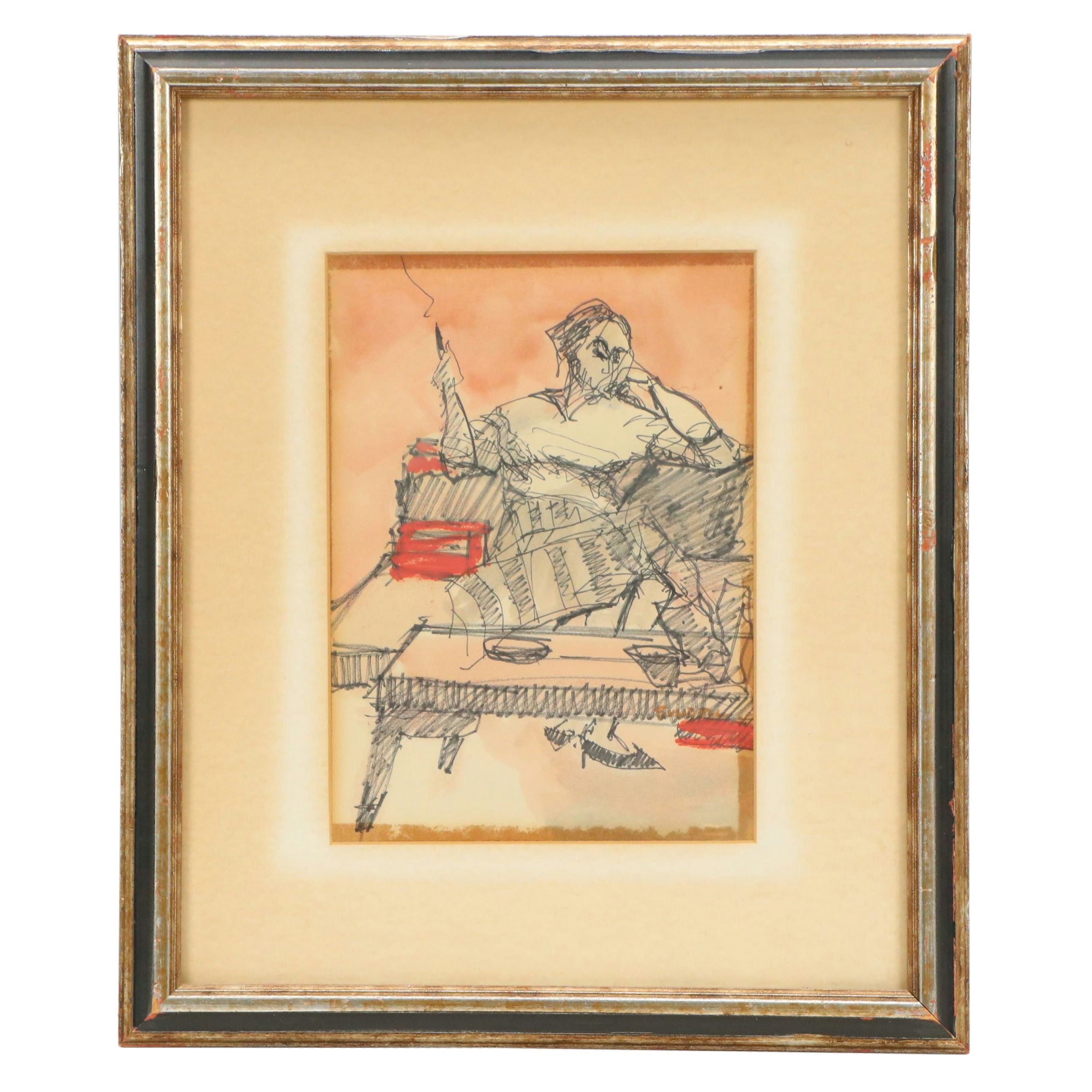 Mixed Media Drawing of Seated Figure in Interior Scene