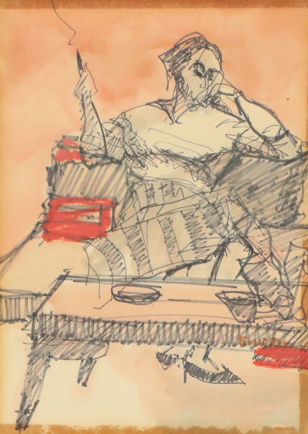 Mixed Media Drawing of Seated Figure in Interior Scene