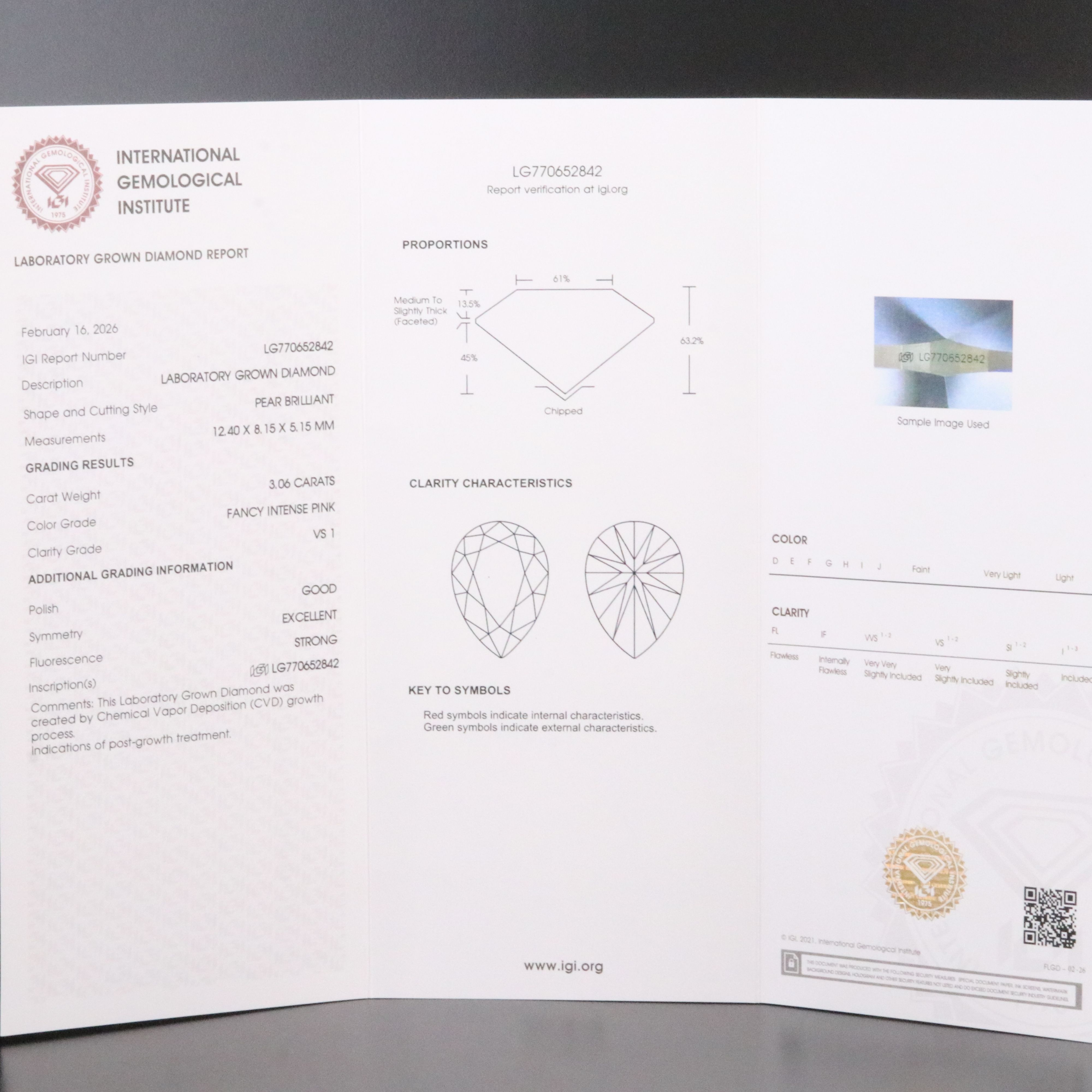 Loose 3.06 CT Lab Grown Fancy Intense Pink Diamond with IGI Report