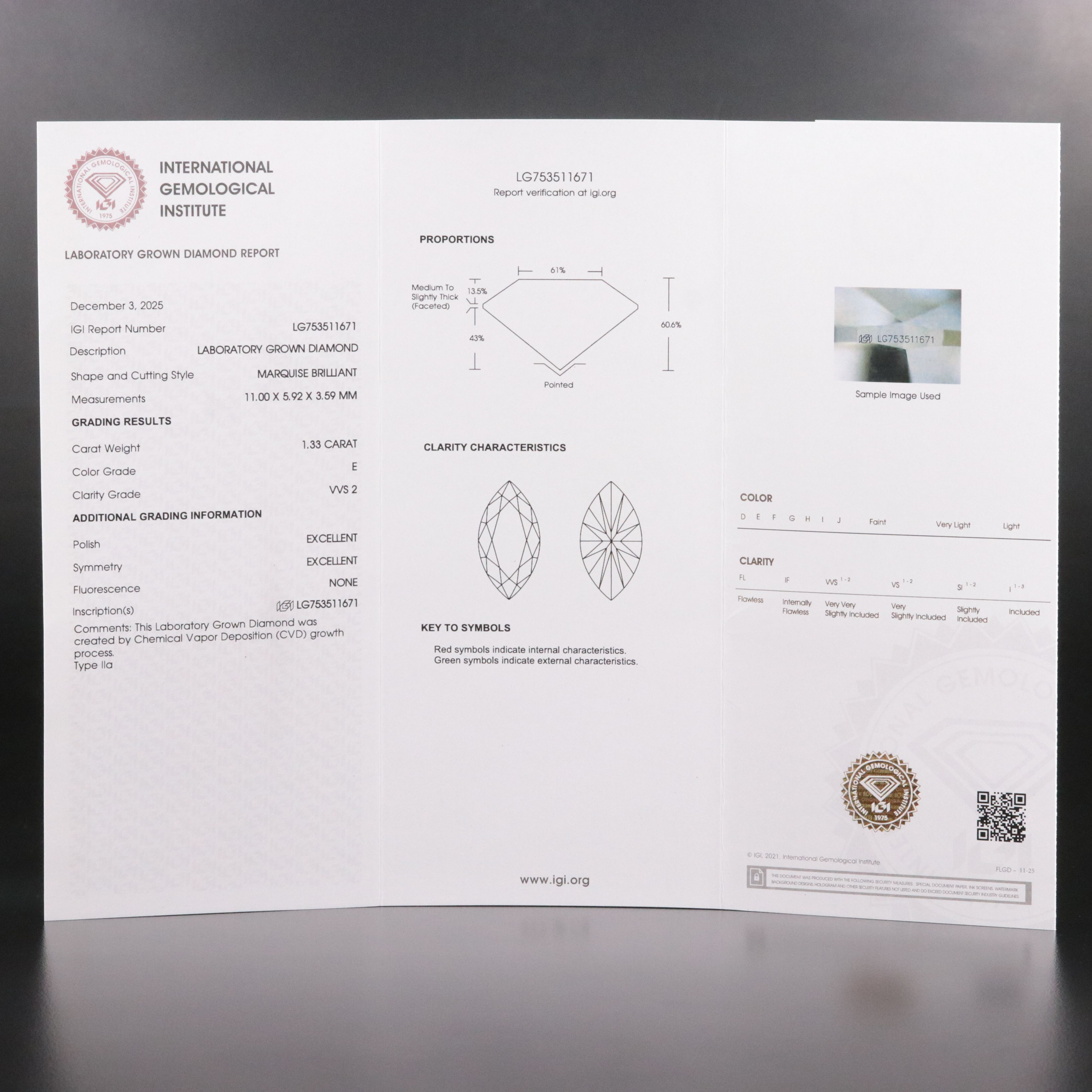 Loose 1.33 CT Lab Grown Diamond with IGI Report