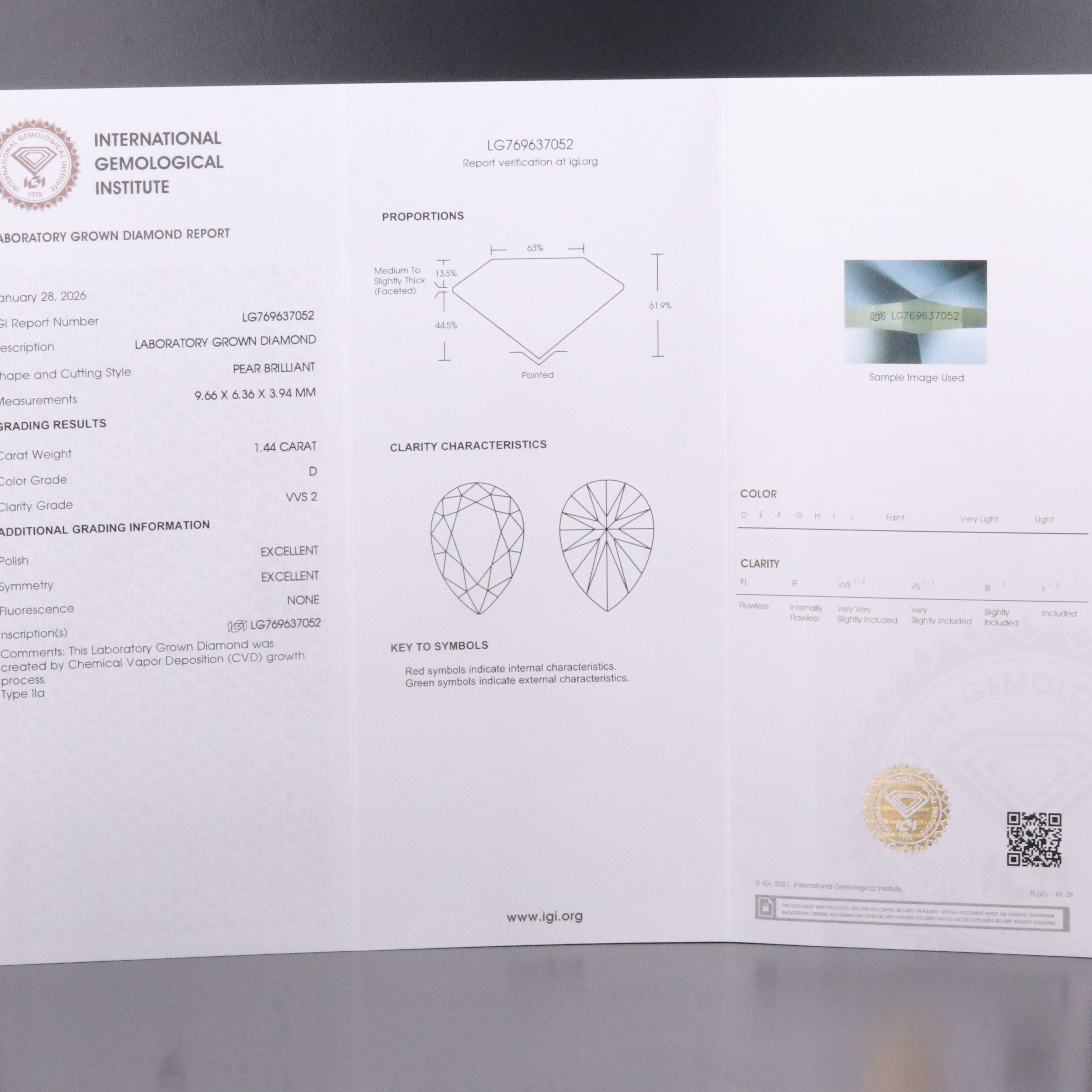 Loose 1.44 CT Lab Grown Diamond with IGI Report