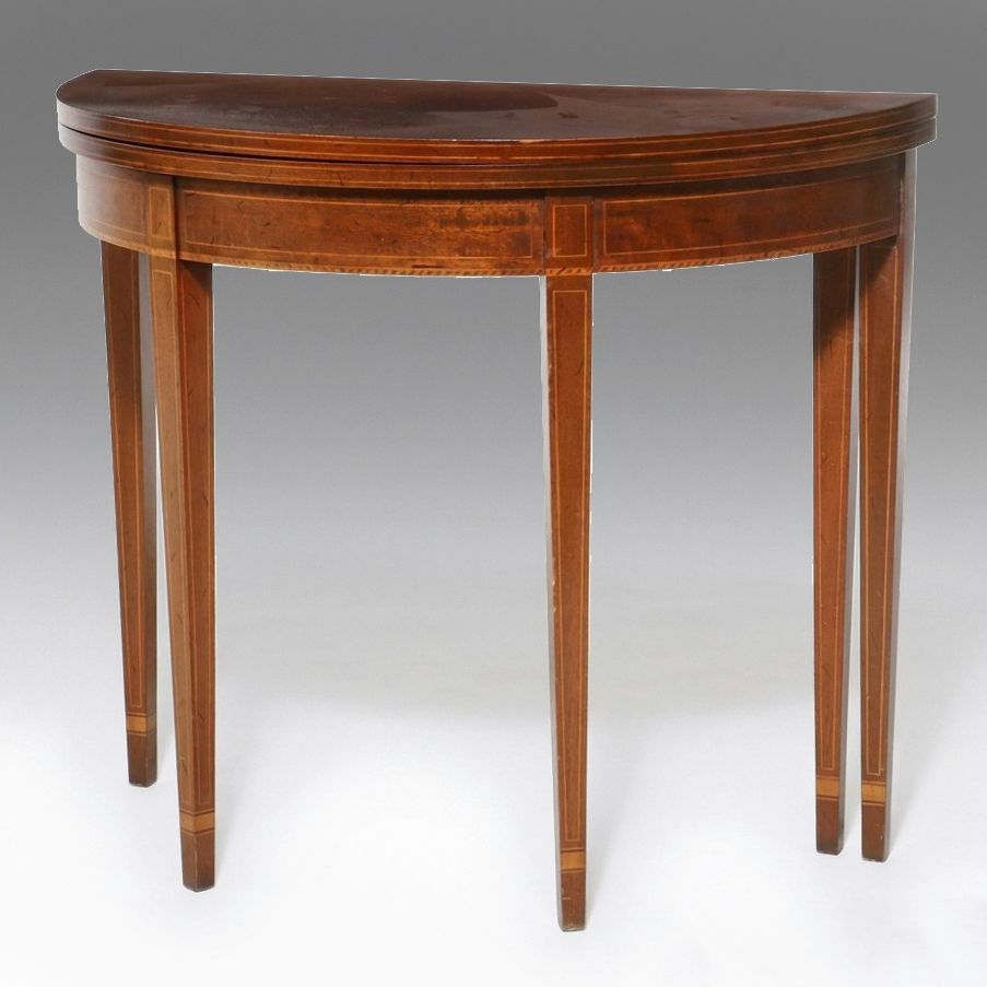 Hepplewhite Style Barberpole and String Inlaid Mahogany Demilune Games Table