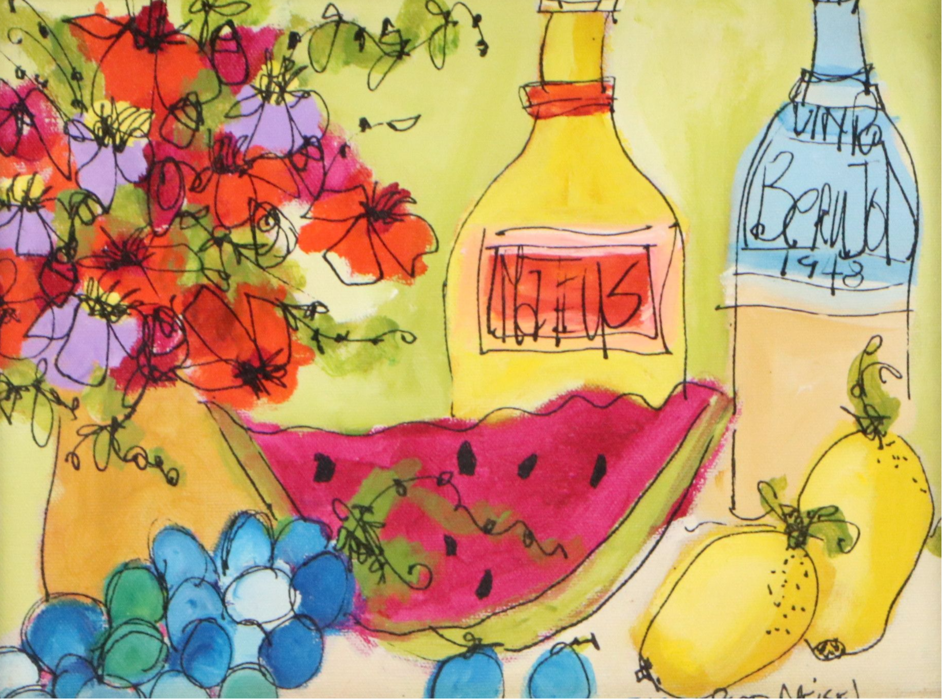 Susan Pear Meisel Acrylic Still Life Painting with Fruit, Late 20th to 21st C.