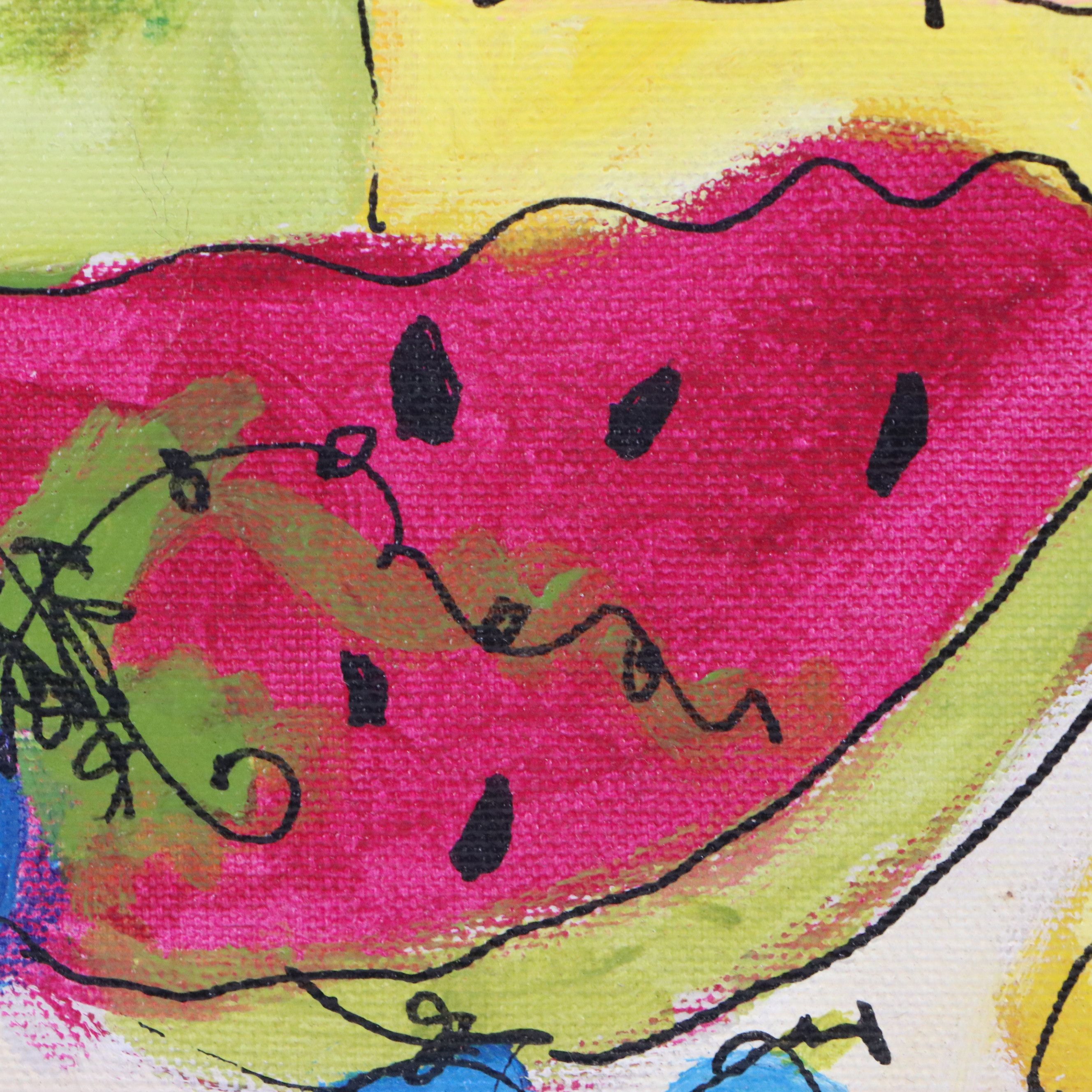 Susan Pear Meisel Acrylic Still Life Painting with Fruit, Late 20th to 21st C.