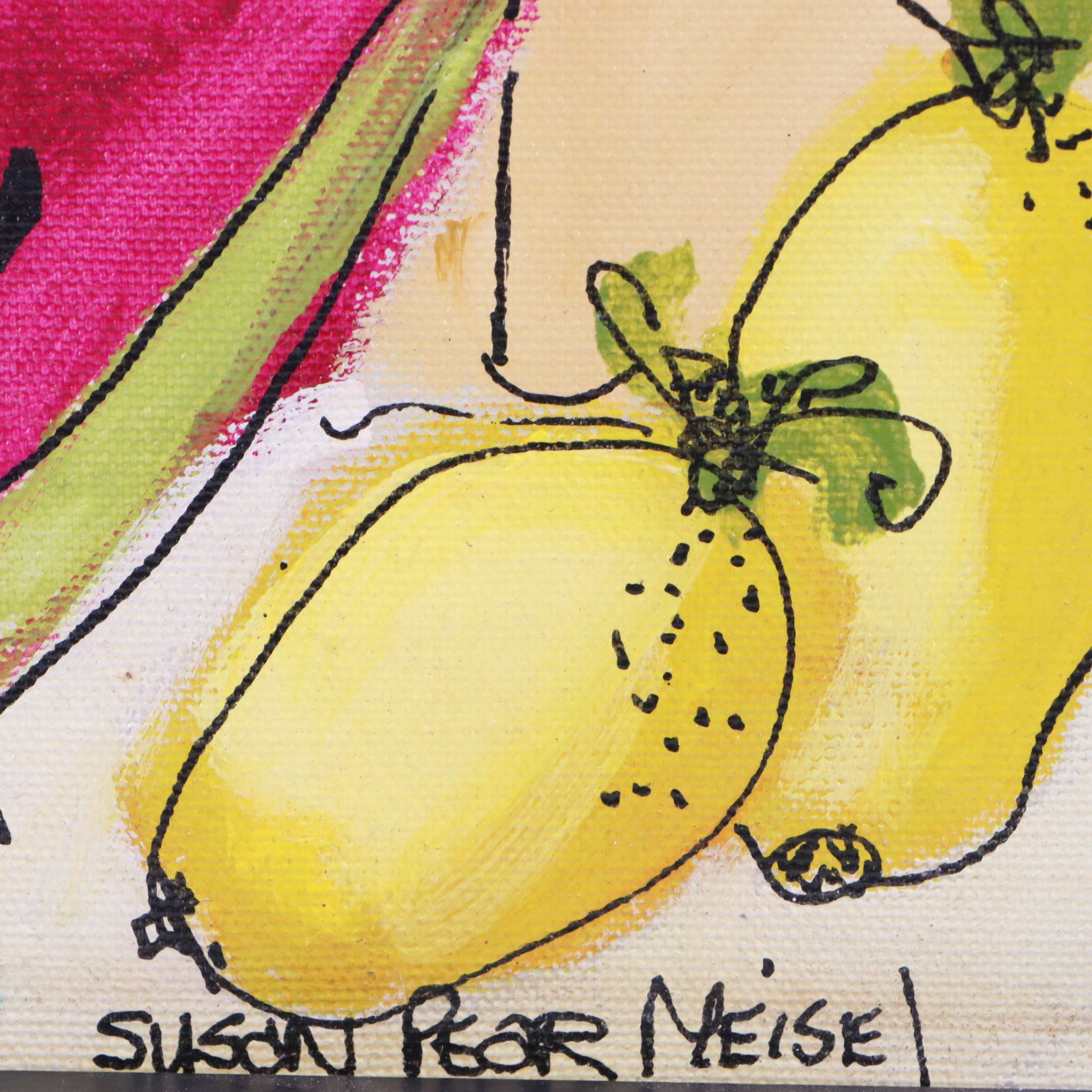 Susan Pear Meisel Acrylic Still Life Painting with Fruit, Late 20th to 21st C.