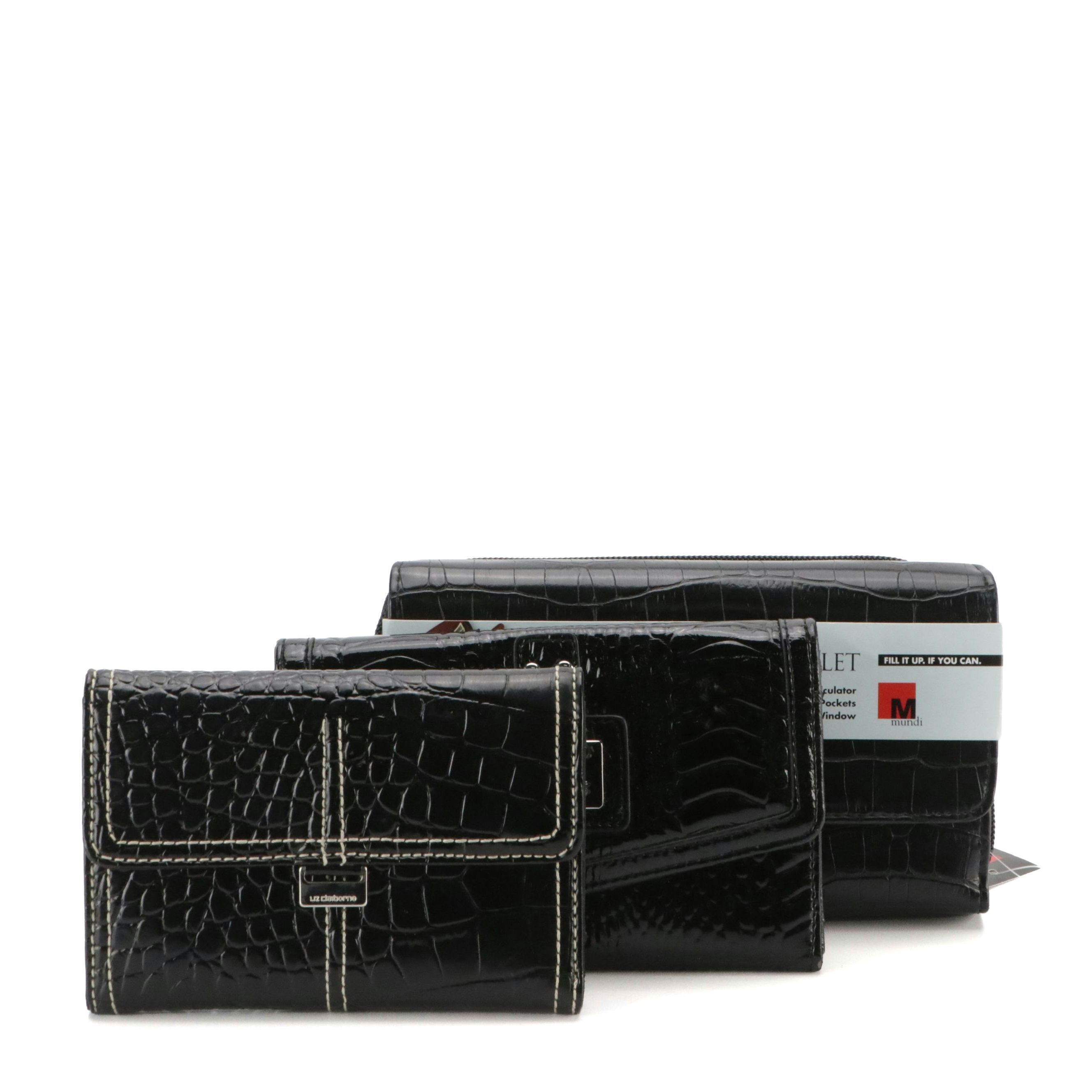 Mundi Croc PVC Flap Clutch Wallet, Harrods & Liz Claiborne Shiny Trifold Wallets