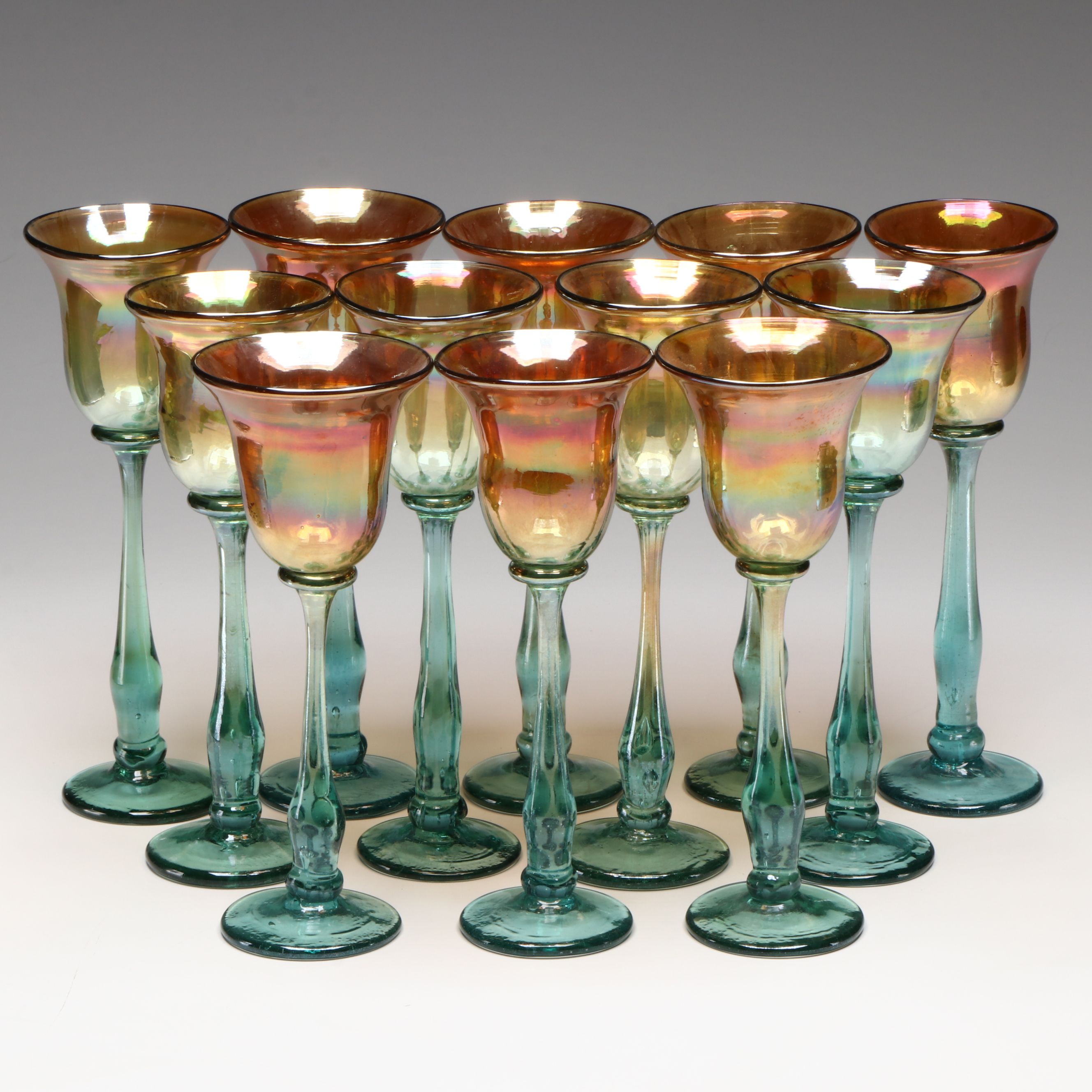 Vintage Rick Strini Iridescent Blown Glass Stemware, 1974