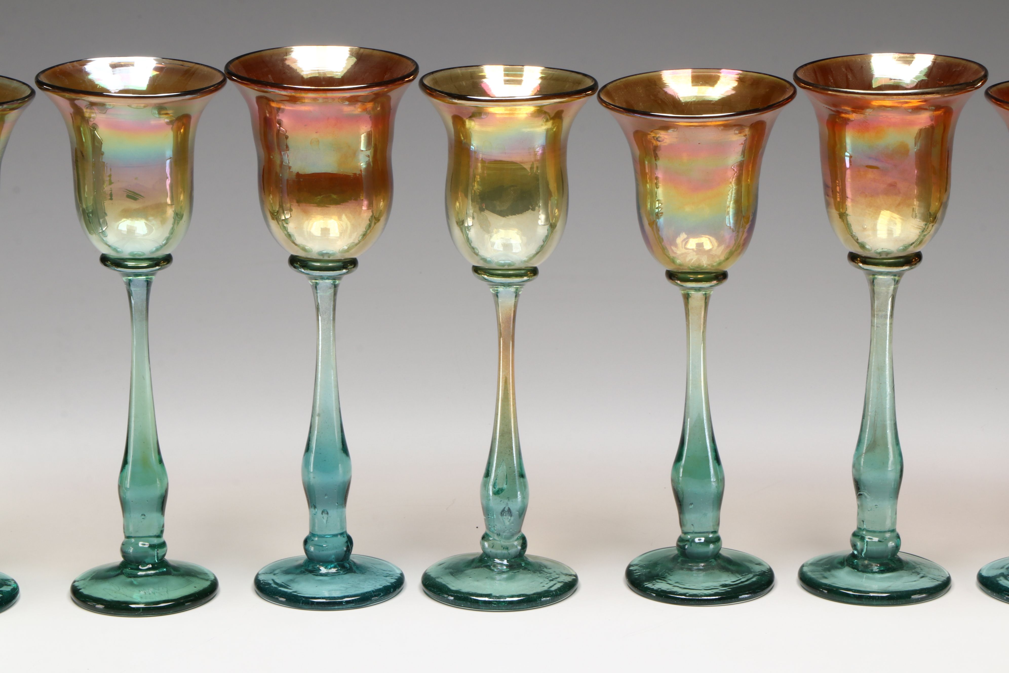 Vintage Rick Strini Iridescent Blown Glass Stemware, 1974