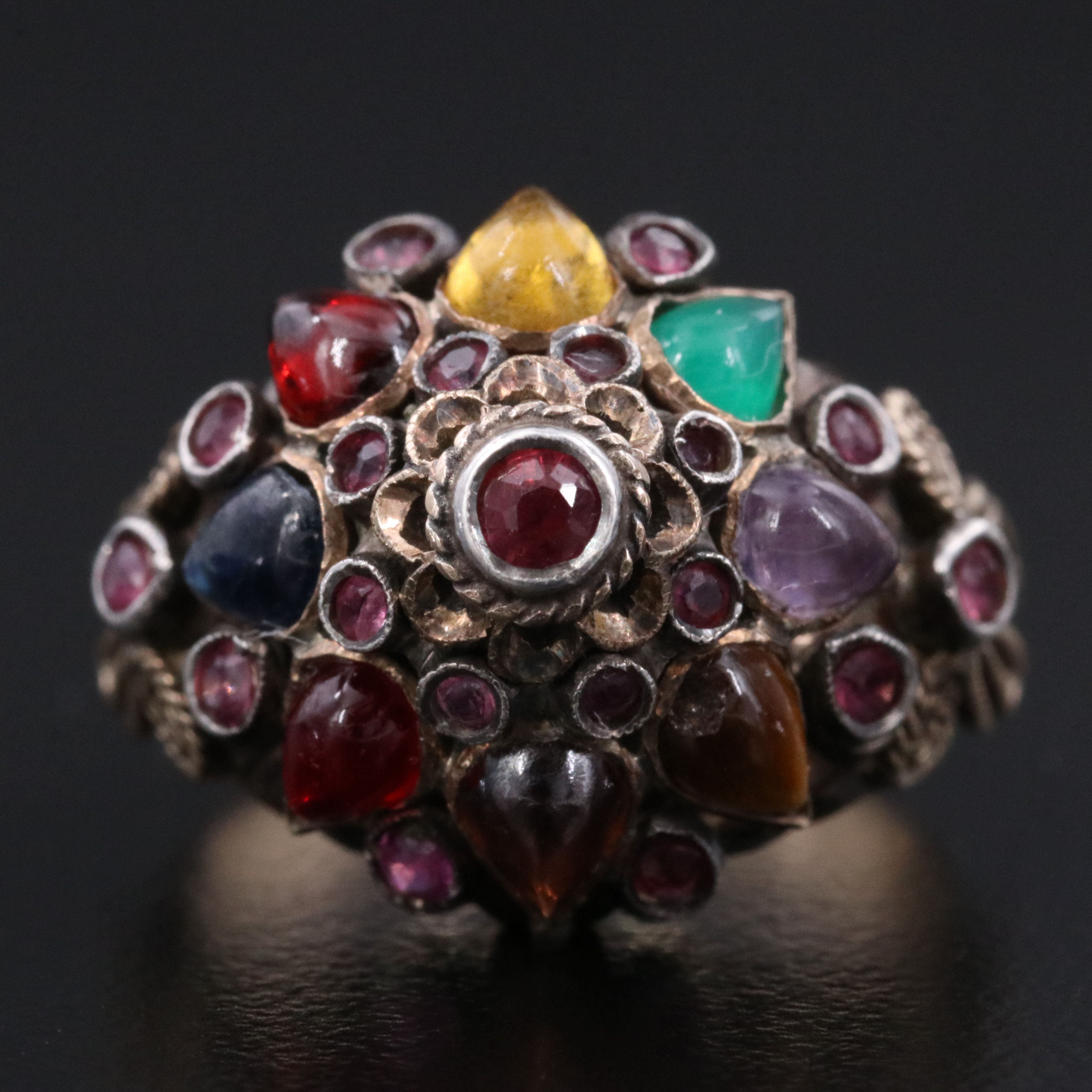 10K Tiered Ring with 800 Silver Accents Featuring Ruby, Amethyst and Tiger's Eye