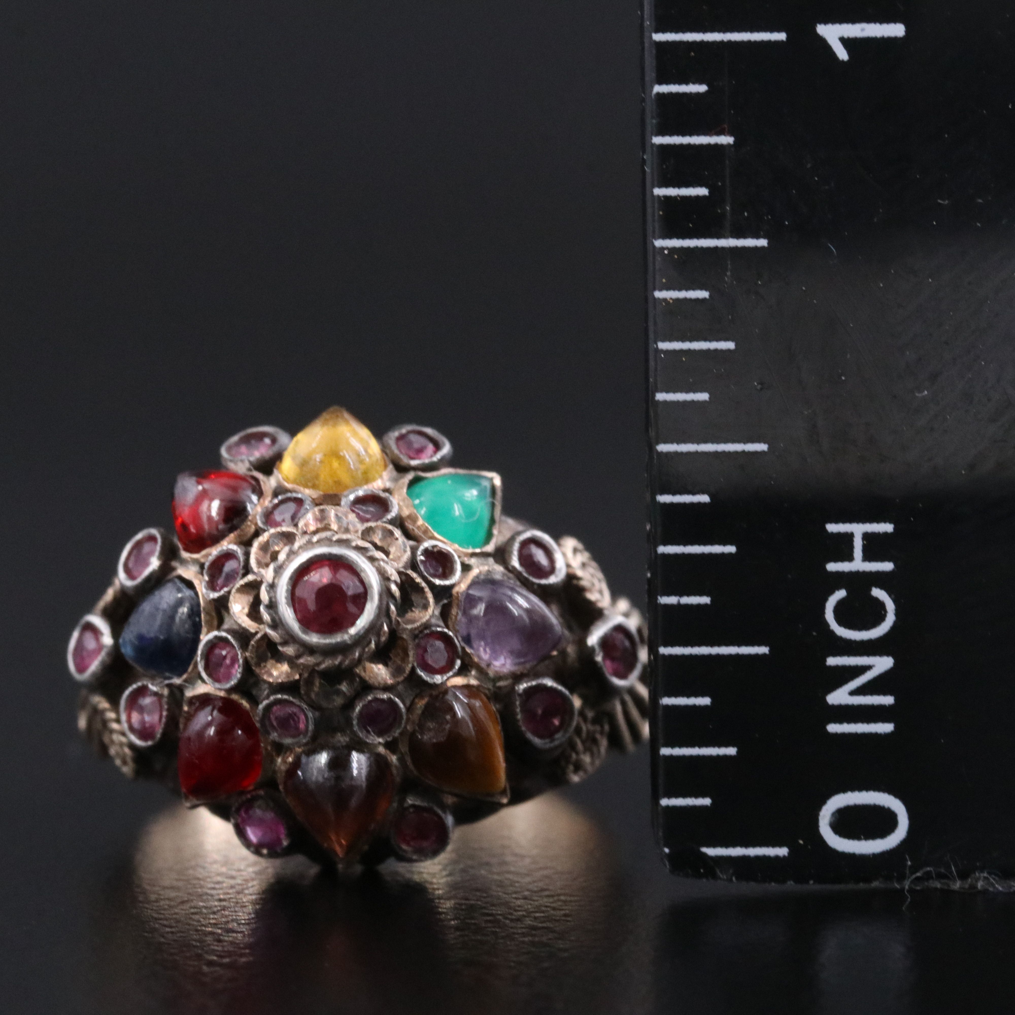 10K Tiered Ring with 800 Silver Accents Featuring Ruby, Amethyst and Tiger's Eye