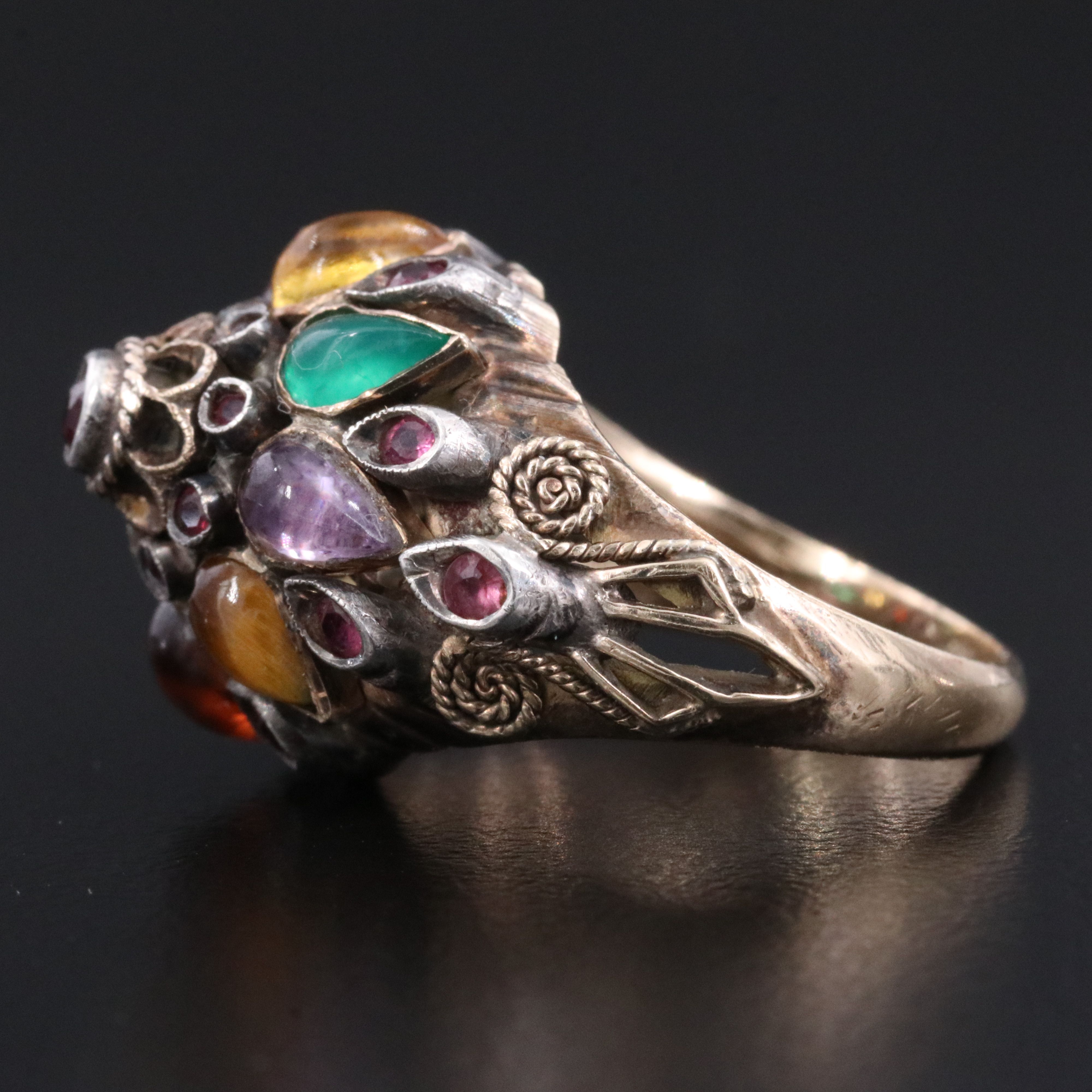 10K Tiered Ring with 800 Silver Accents Featuring Ruby, Amethyst and Tiger's Eye