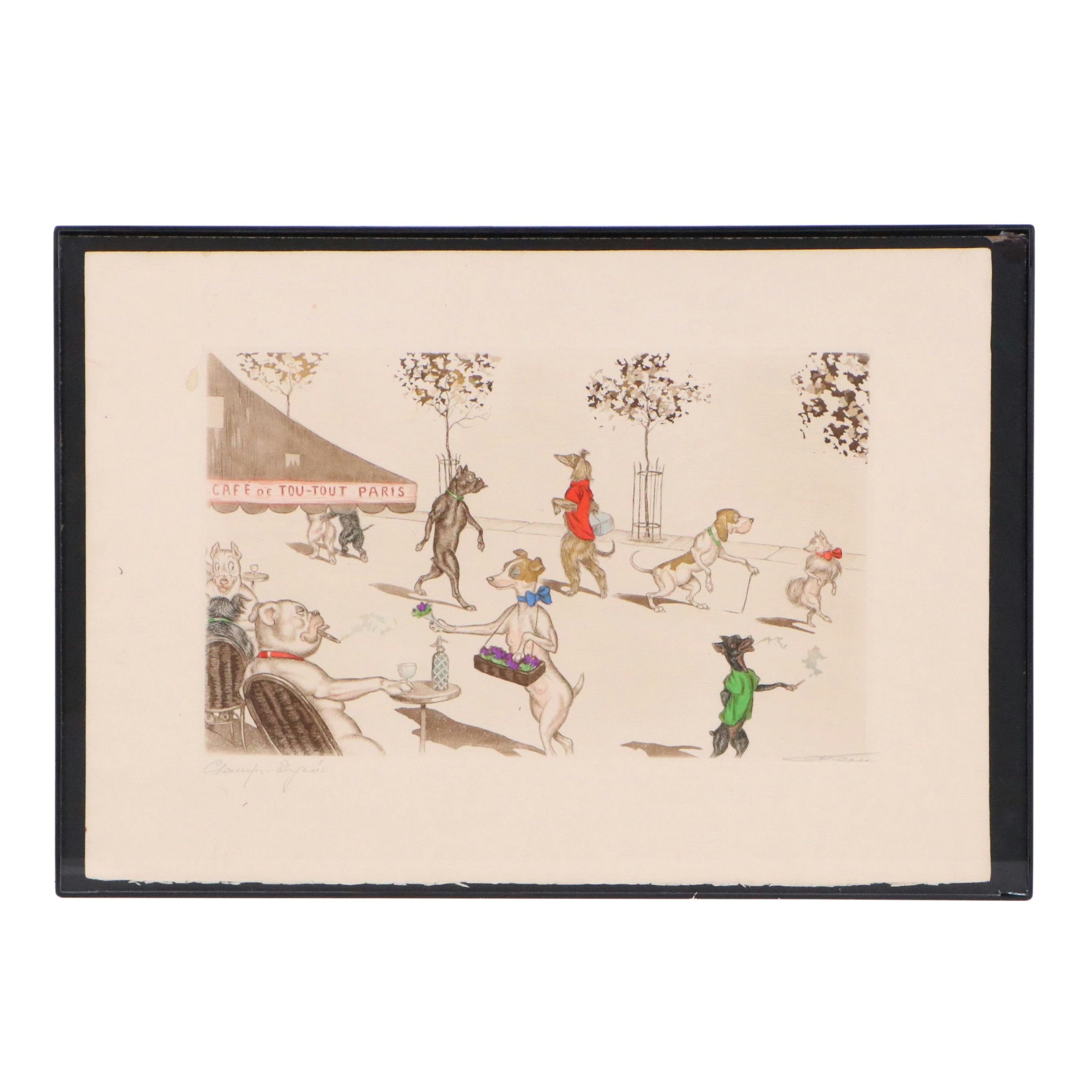 Boris O'Klein Hand-Colored Etching "Champs-Élysées," 20th Century