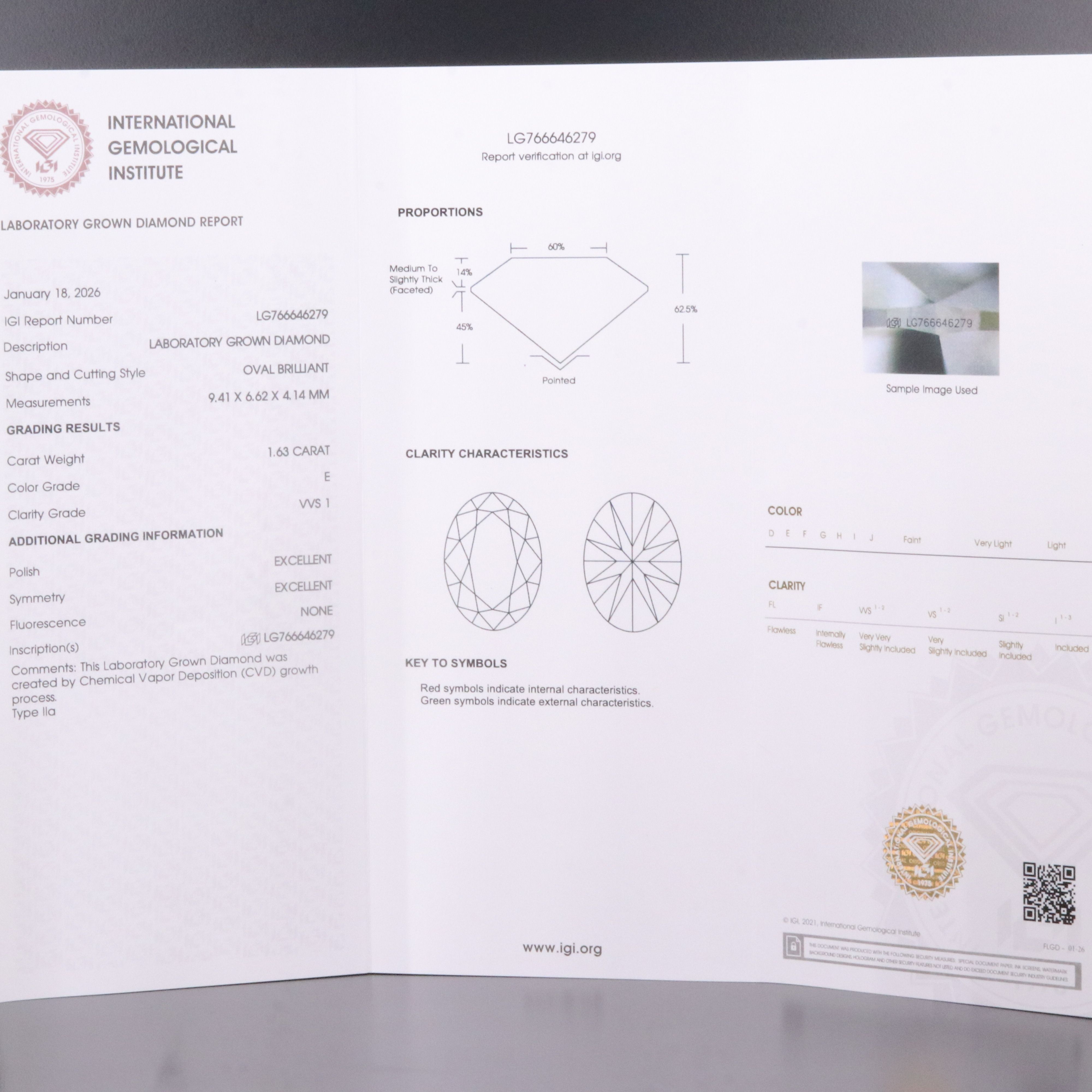 Loose 1.63 CT Lab Grown Diamond with IGI Report