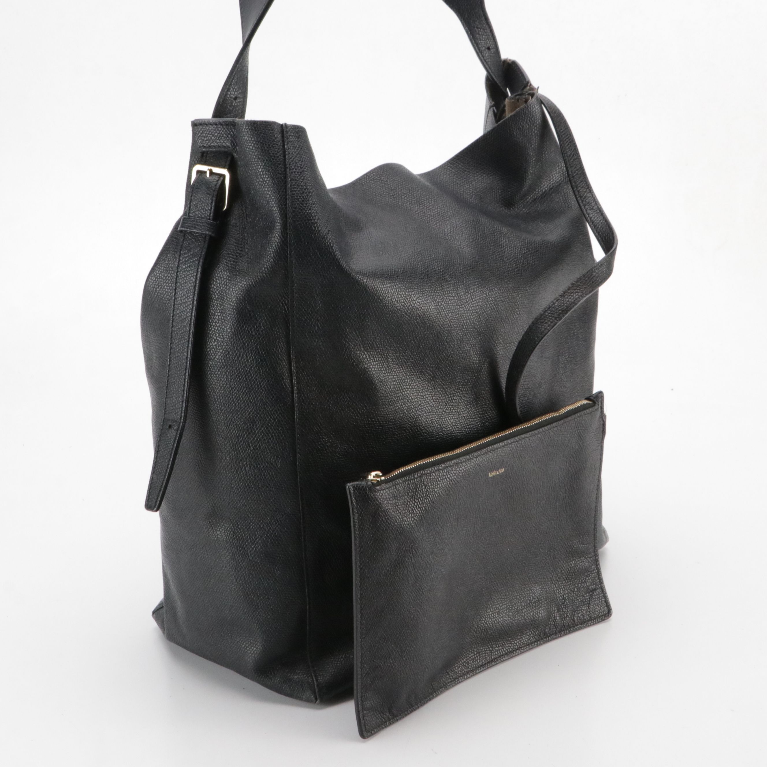 Valextra Slouchy Shoulder Bag in Navy Blue Grained Calfskin Leather