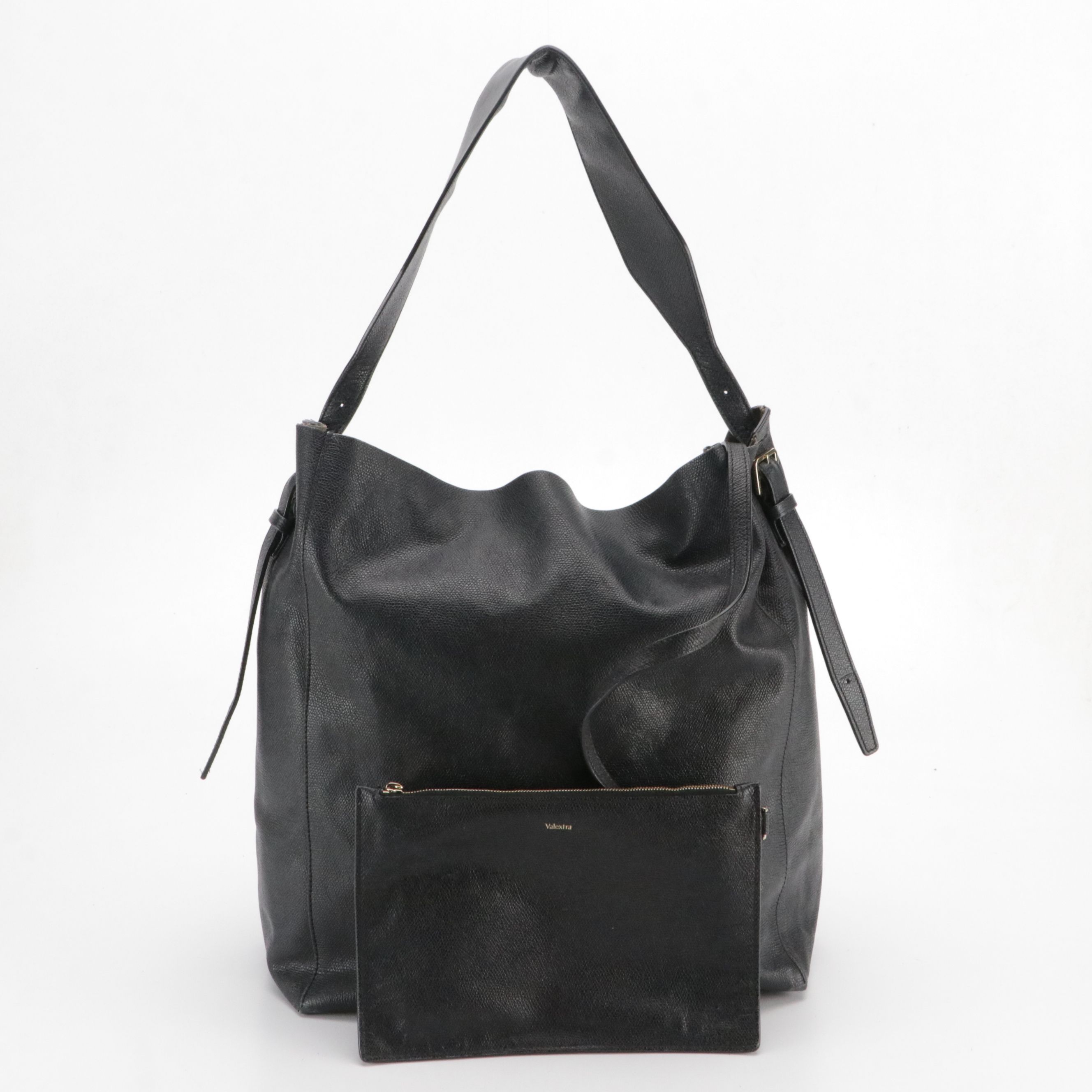 Valextra Slouchy Shoulder Bag in Navy Blue Grained Calfskin Leather