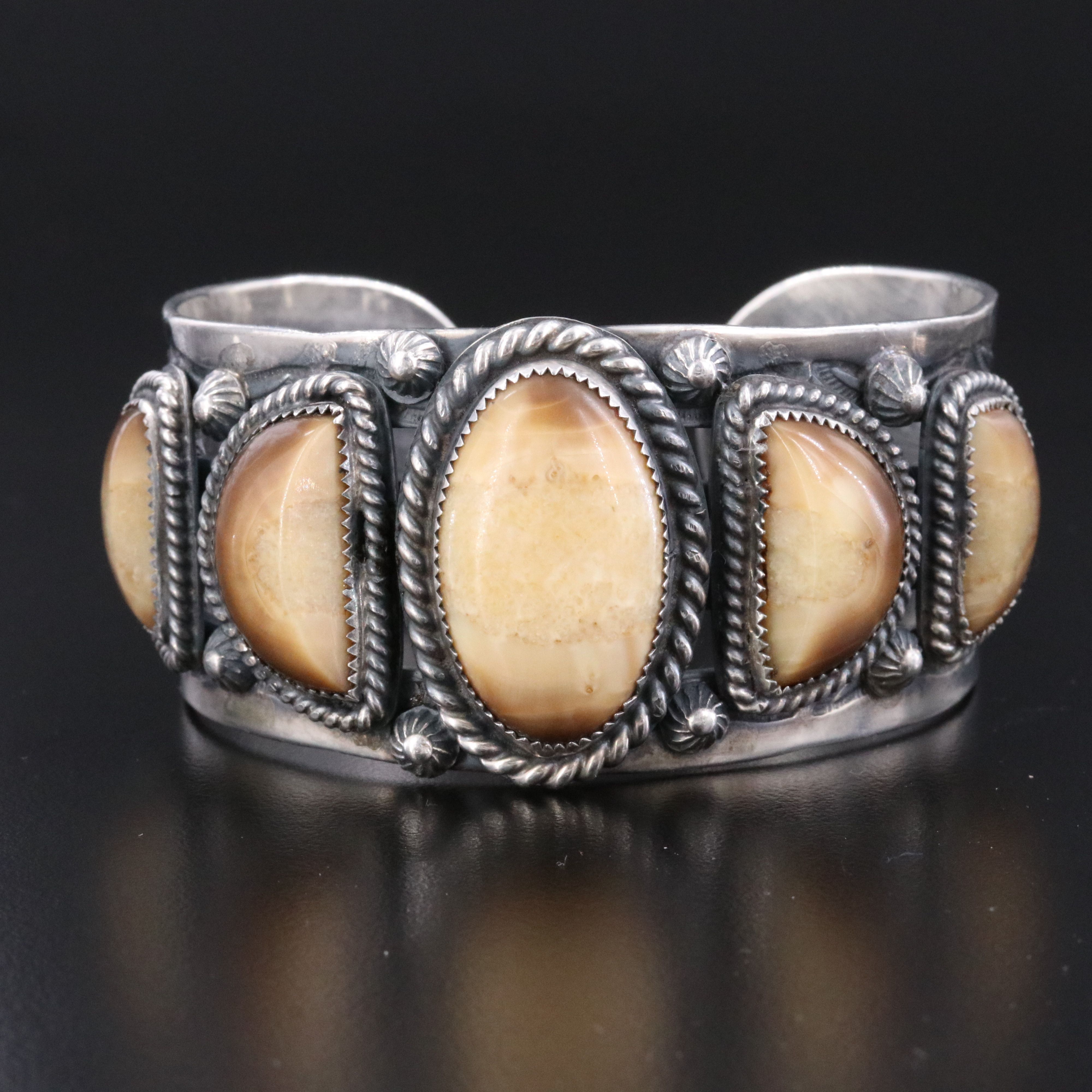 Vintage Southwestern Signed Sterling Fossilized Walrus Ivory Cuff Bracelet