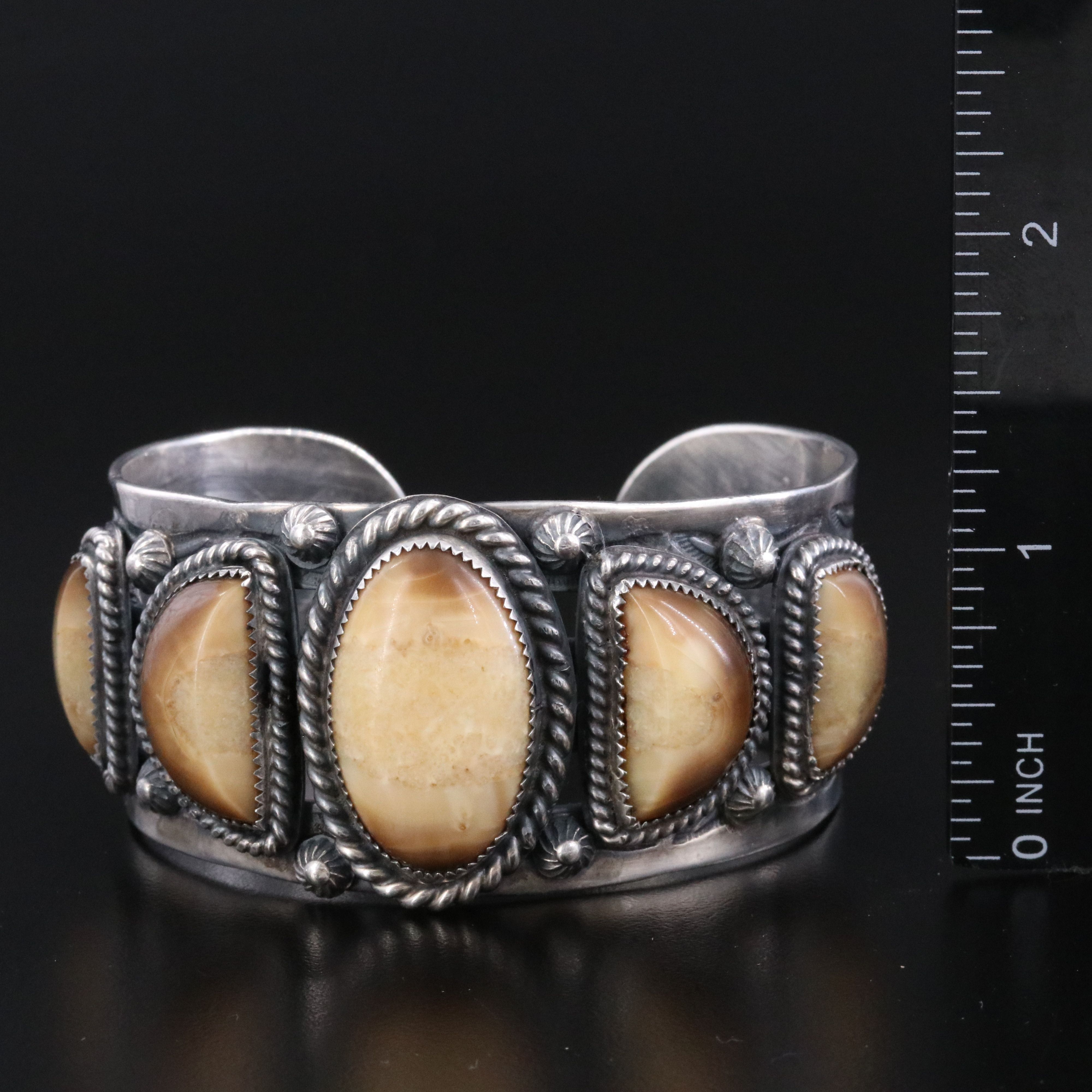 Vintage Southwestern Signed Sterling Fossilized Walrus Ivory Cuff Bracelet