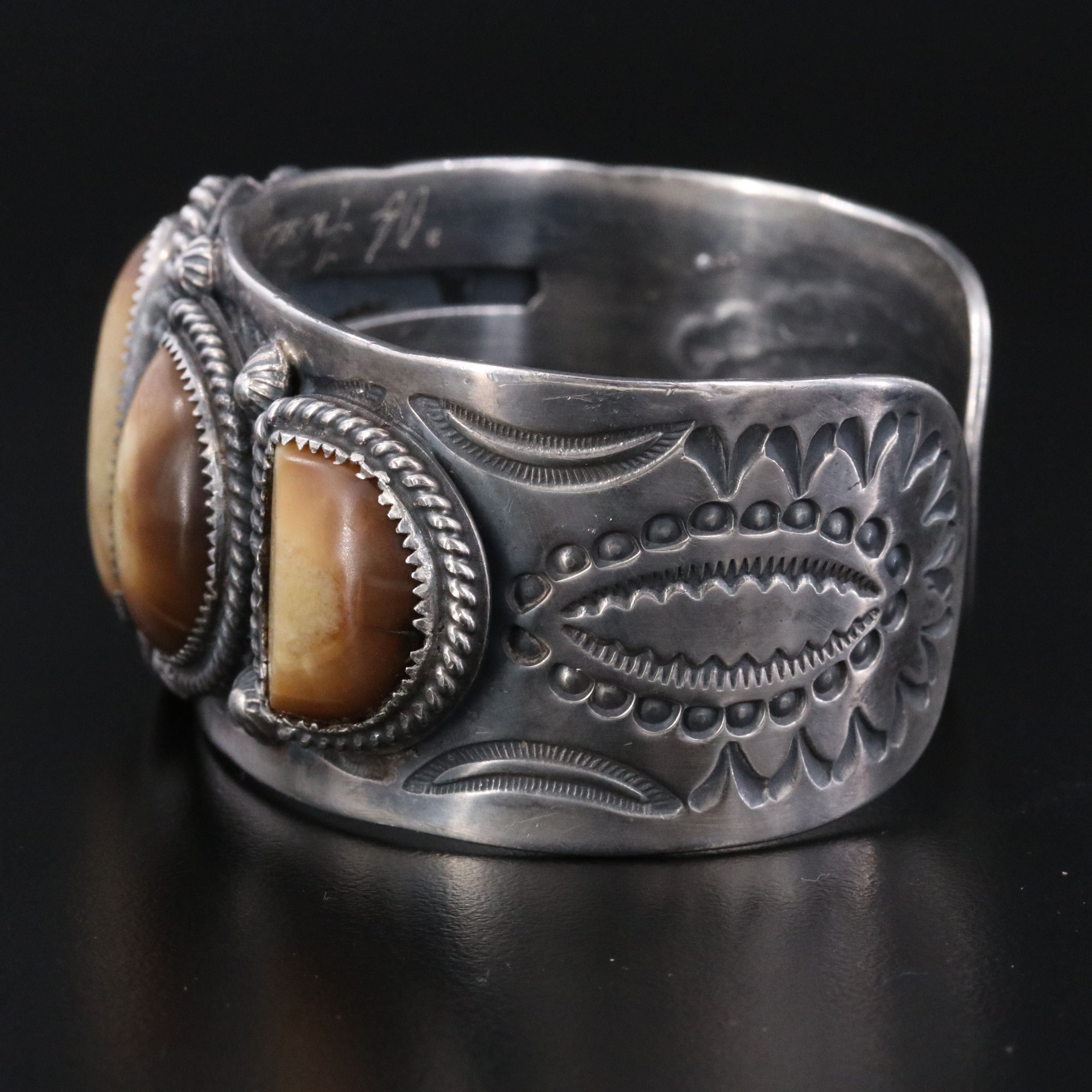 Vintage Southwestern Signed Sterling Fossilized Walrus Ivory Cuff Bracelet