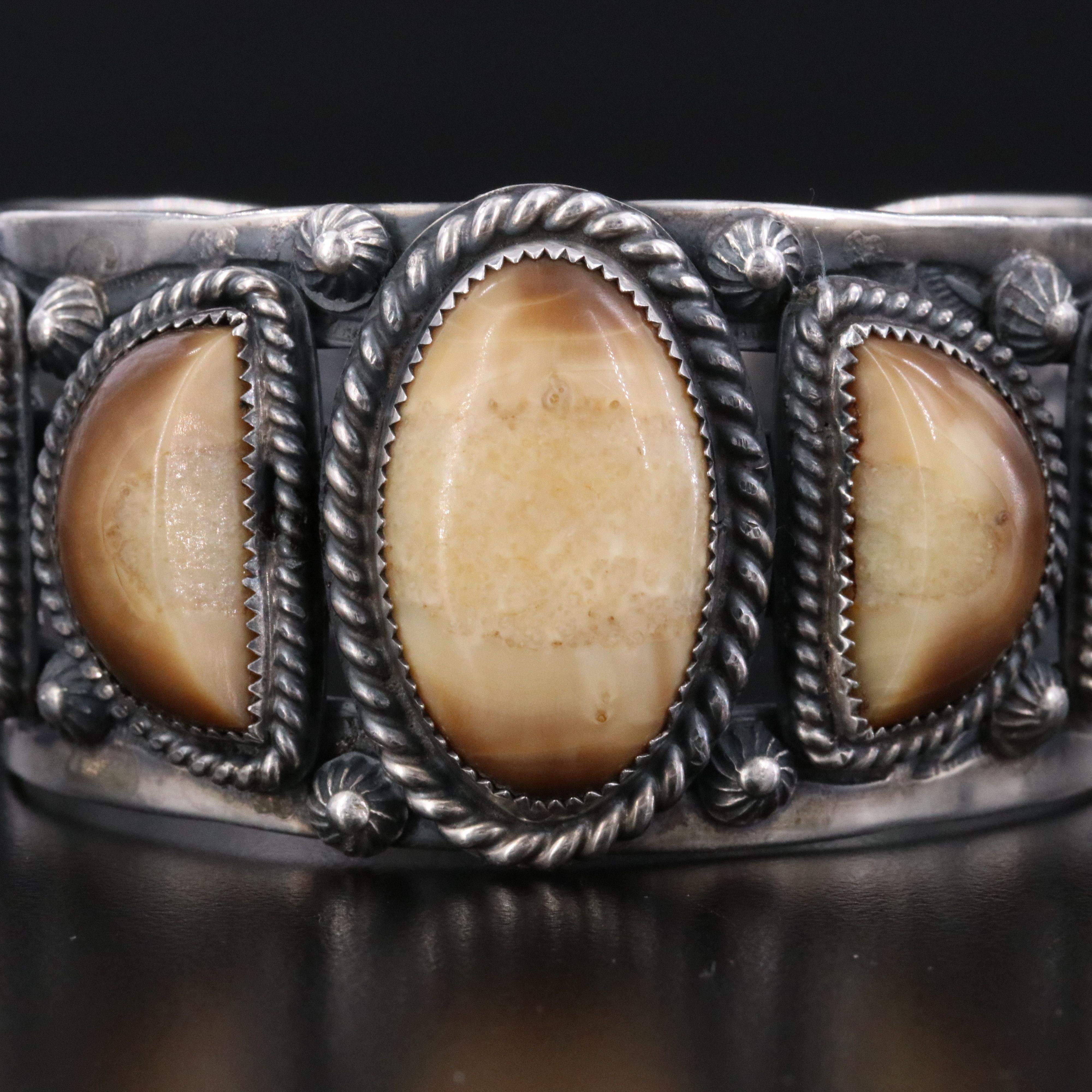 Vintage Southwestern Signed Sterling Fossilized Walrus Ivory Cuff Bracelet