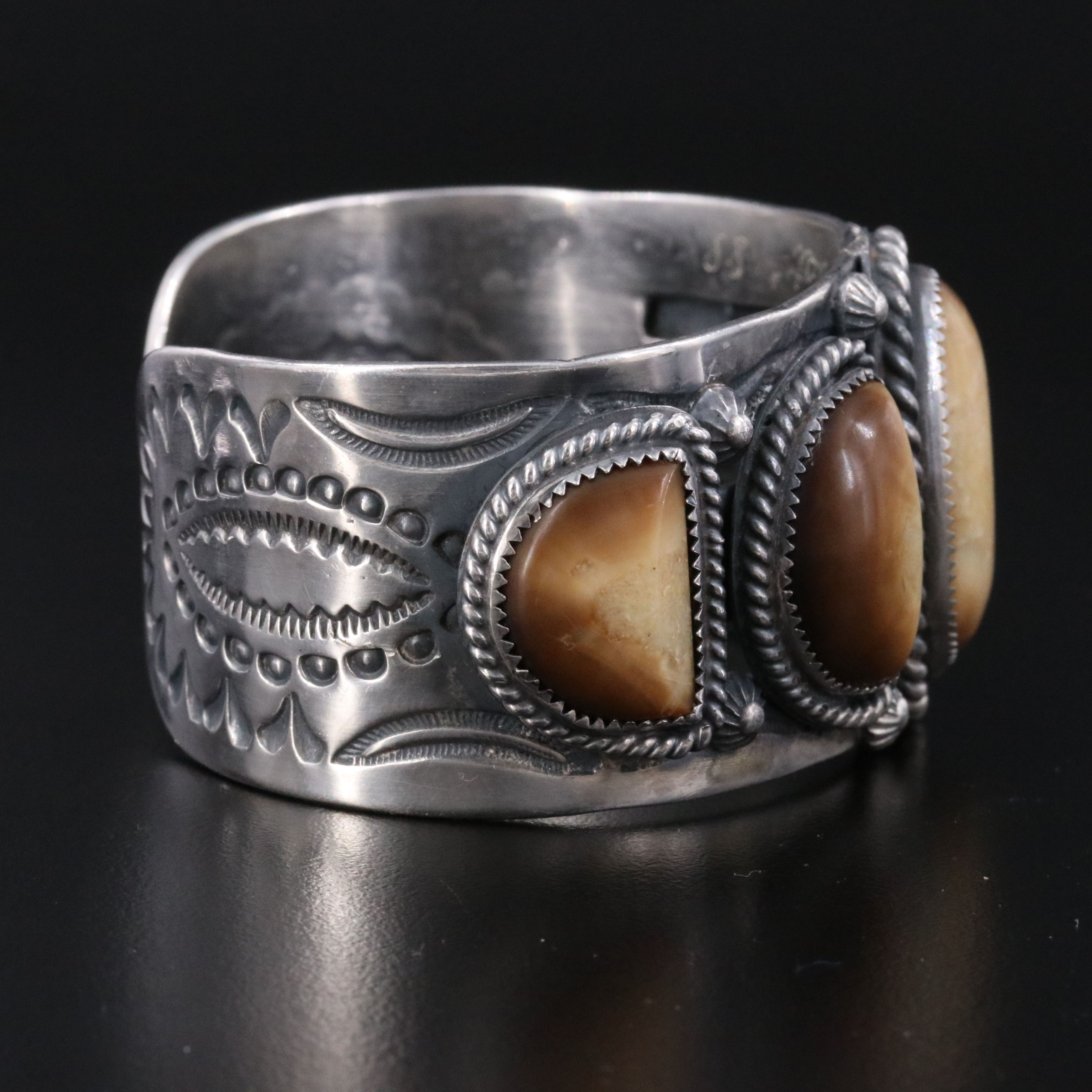 Vintage Southwestern Signed Sterling Fossilized Walrus Ivory Cuff Bracelet