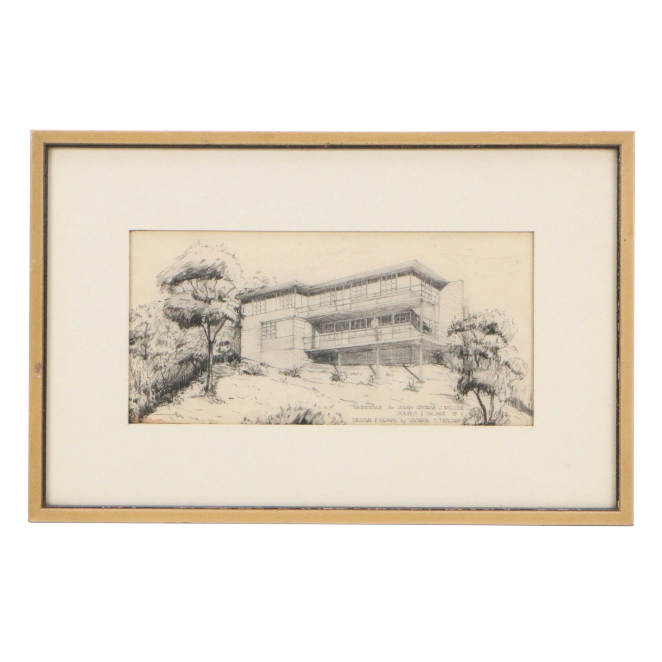 George Taylor Graphite Drawing "Residence for Judge George J. Weller," 20th C.