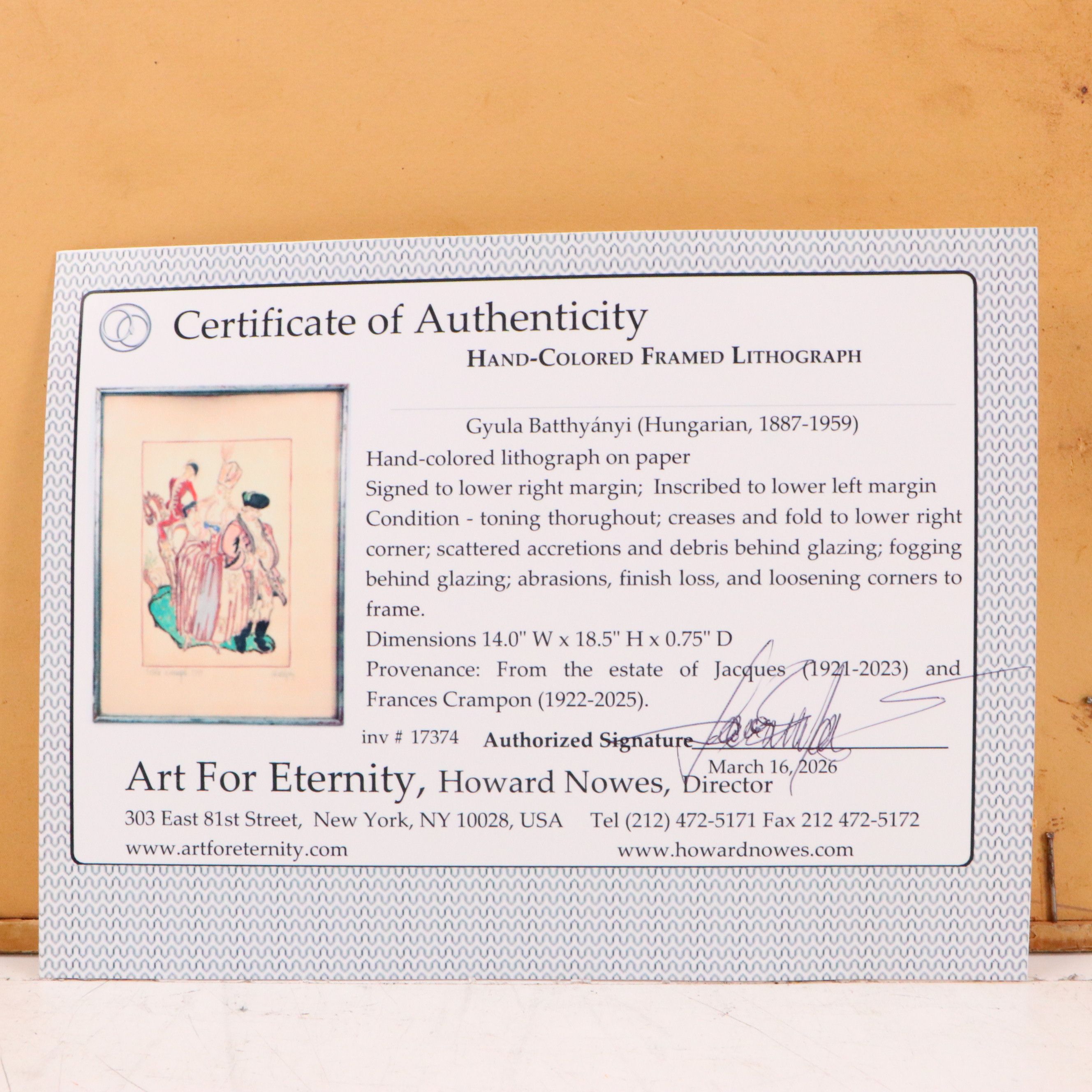 Gyula Batthyány Lithograph "Setalo Unasagad 1789," Late 19th to Early 20th C.