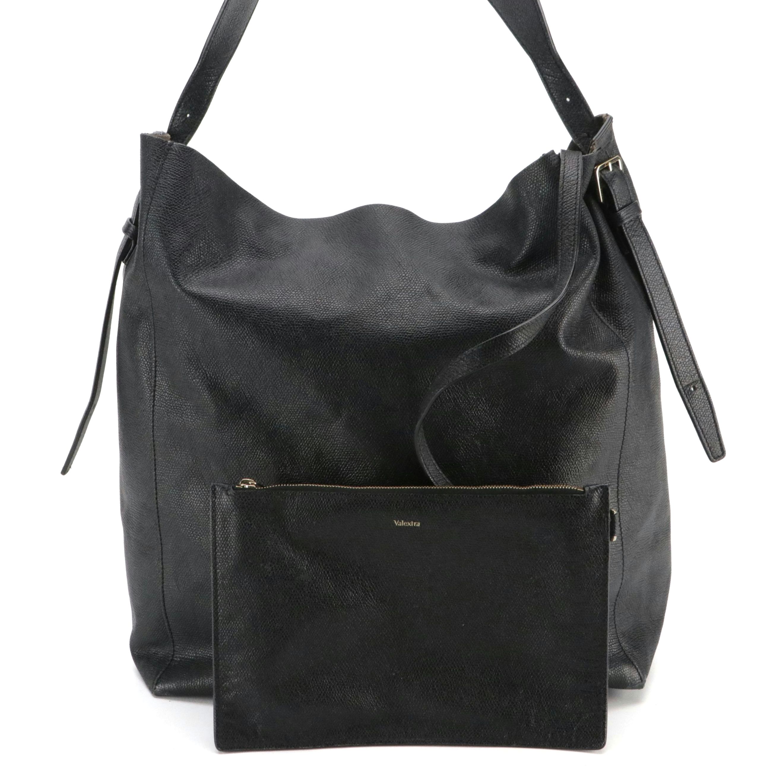 Valextra Slouchy Shoulder Bag in Navy Blue Grained Calfskin Leather