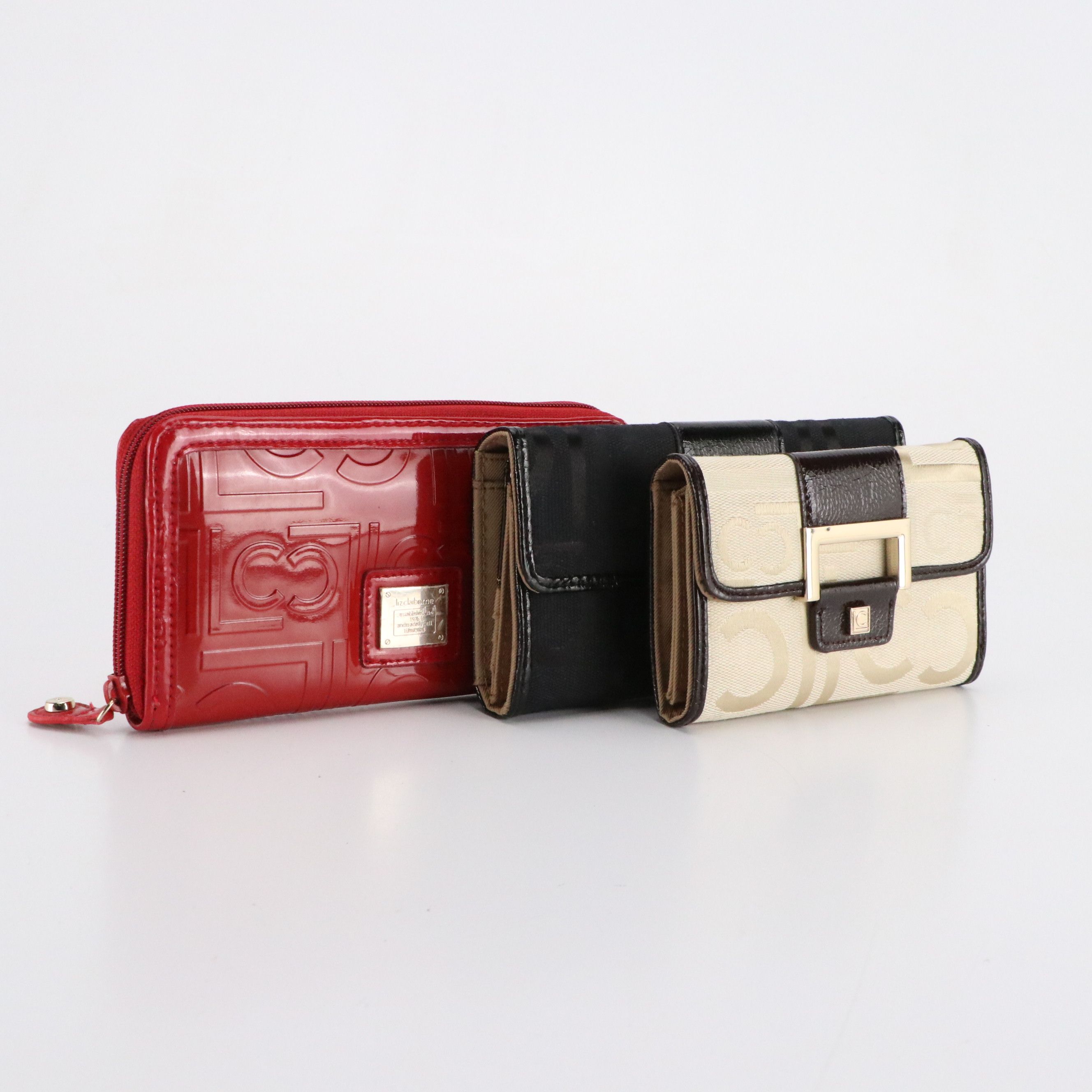 Liz Claiborne Red Patent Leather Zip Wallet and Logo Embroidered Canvas Wallets