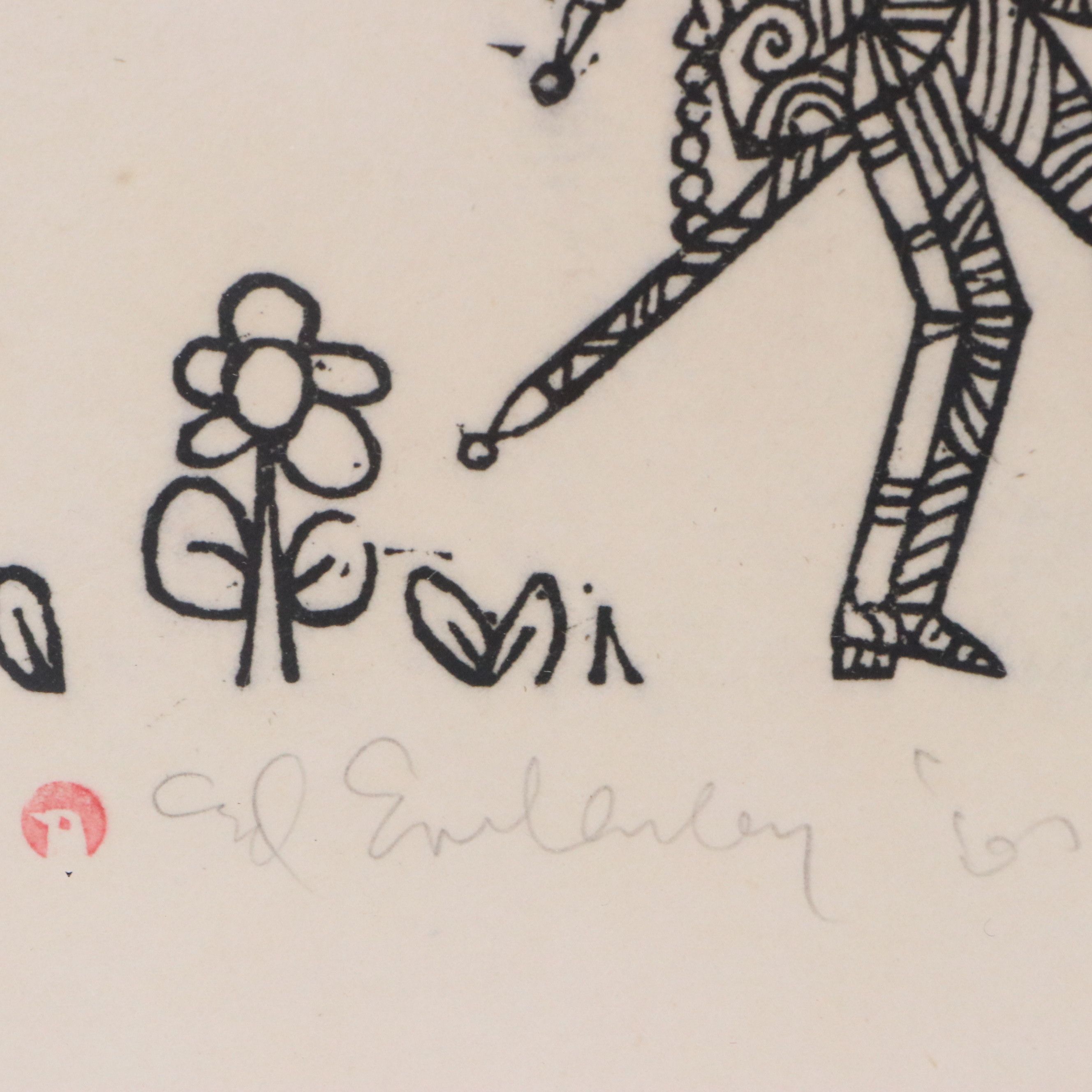 Ed Emberley Woodcut Illustration from "Drummer Hoff," 1967