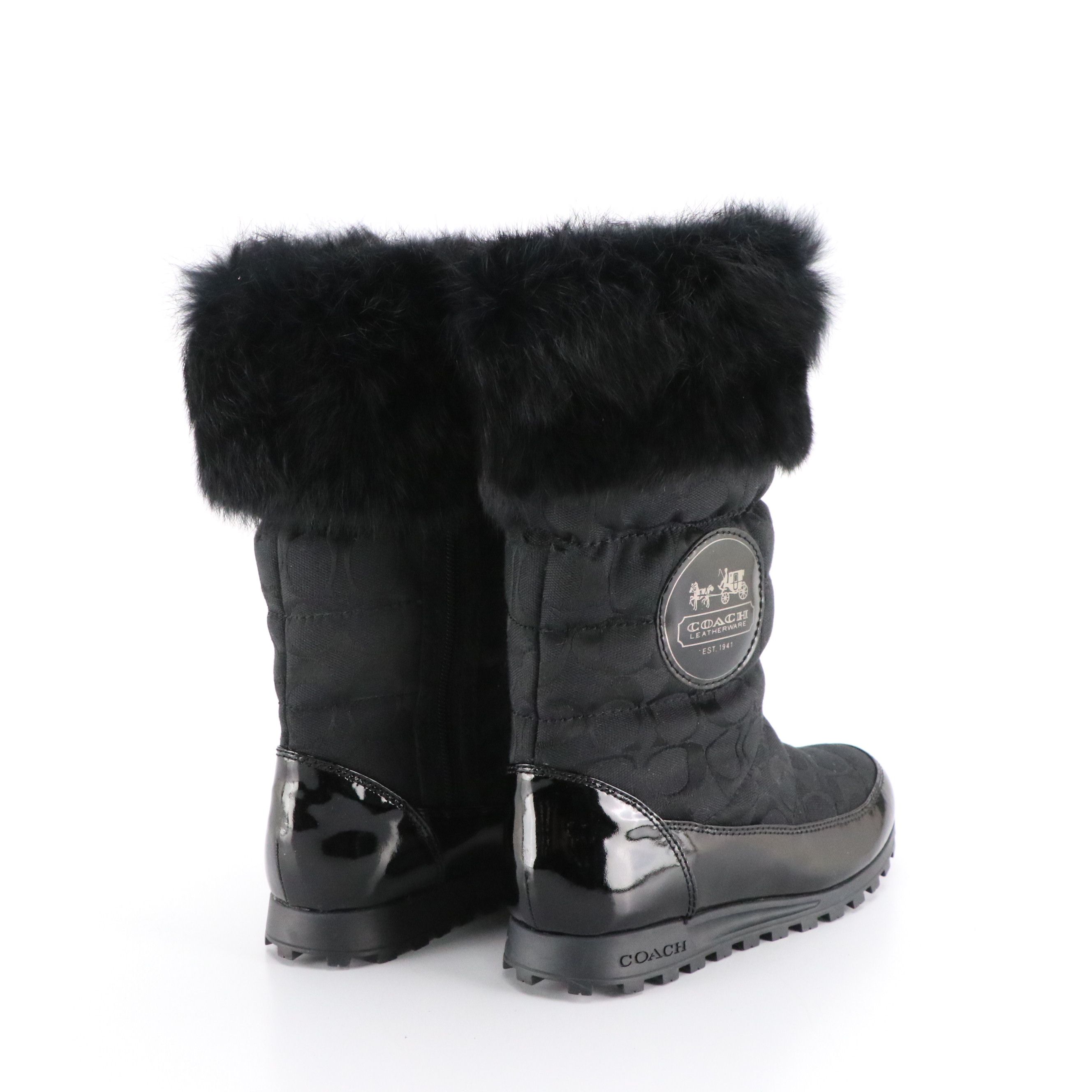 Coach Joyous Boots in Signature Canvas with Rabbit Fur Trim and Box