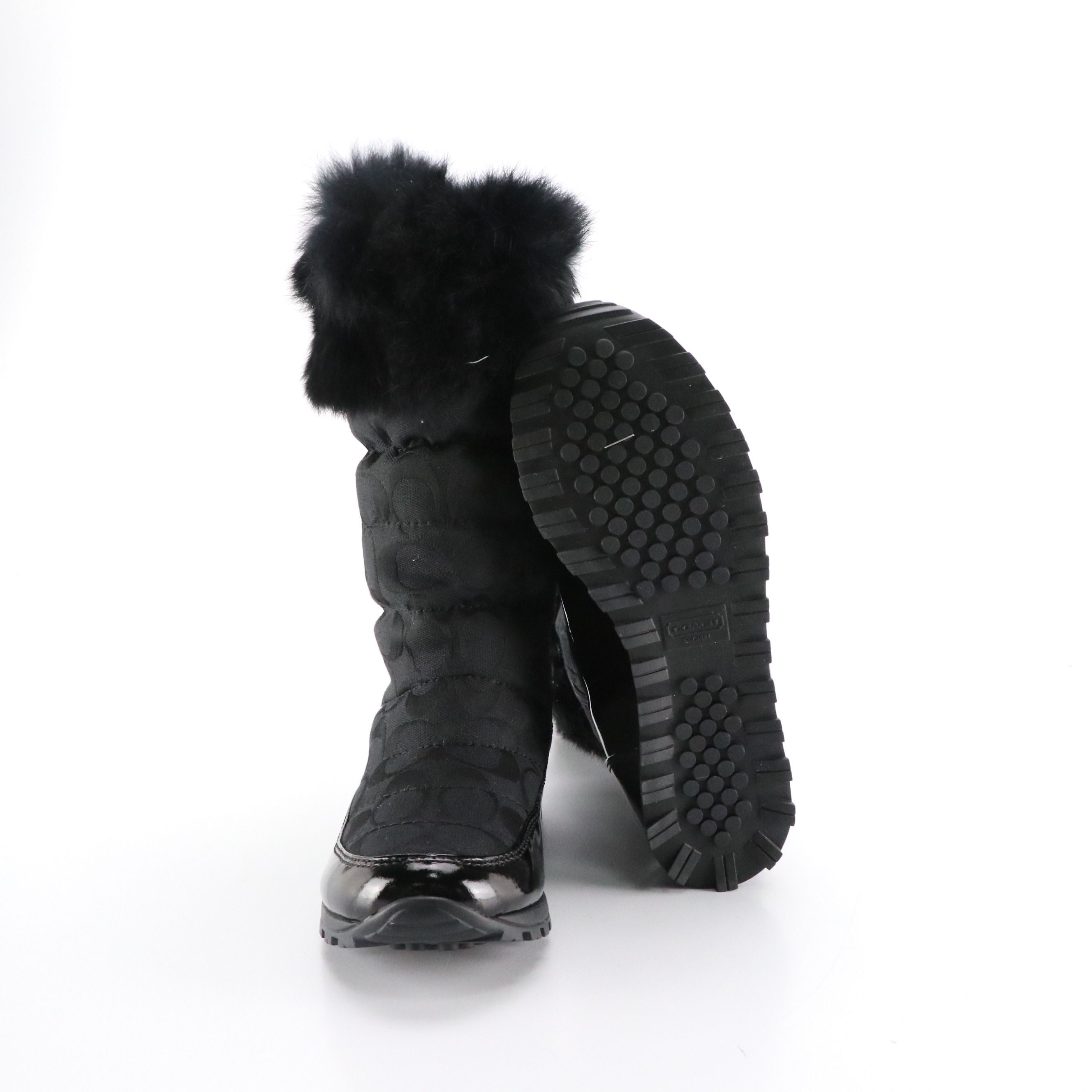 Coach Joyous Boots in Signature Canvas with Rabbit Fur Trim and Box