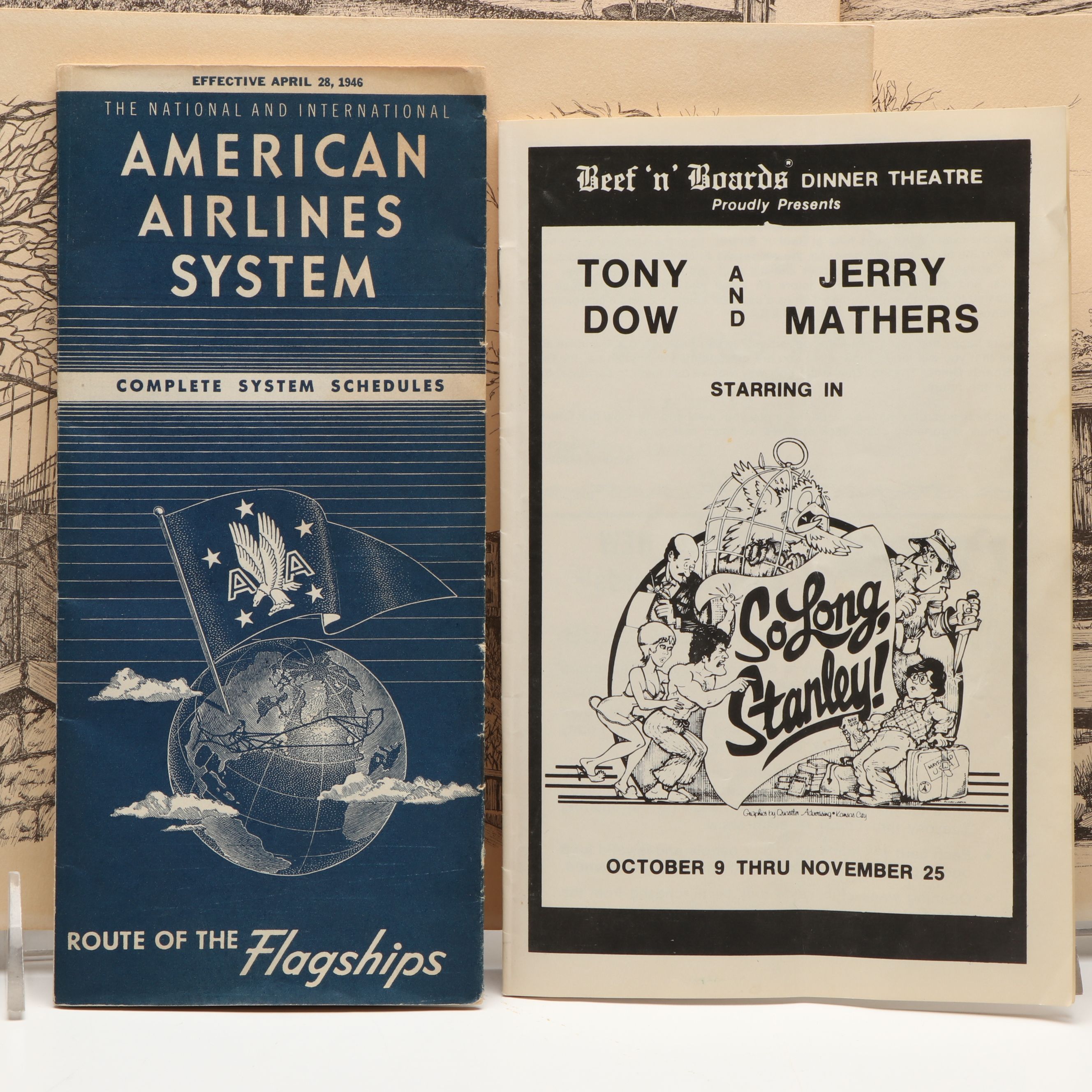 1946 American Airlines Schedule with Signed Theatre Program and Prints