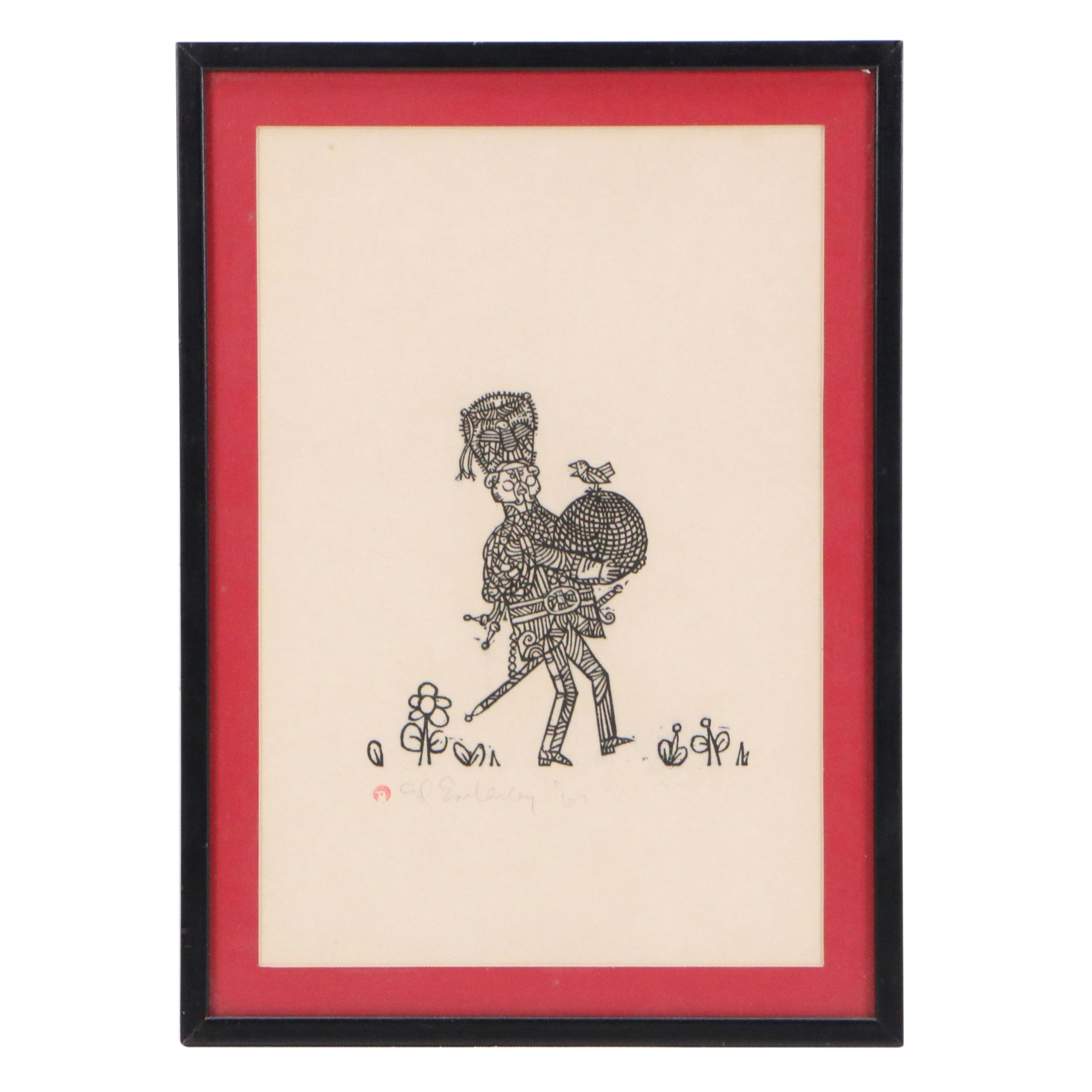 Ed Emberley Woodcut Illustration from "Drummer Hoff," 1967