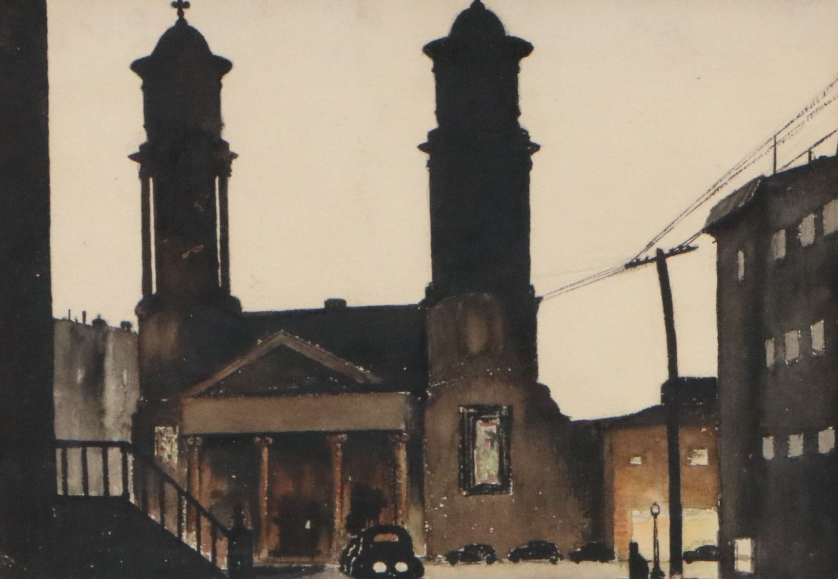 Corwin S. Rife Watercolor of Streetscape with Church, Mid to Late 20th Century