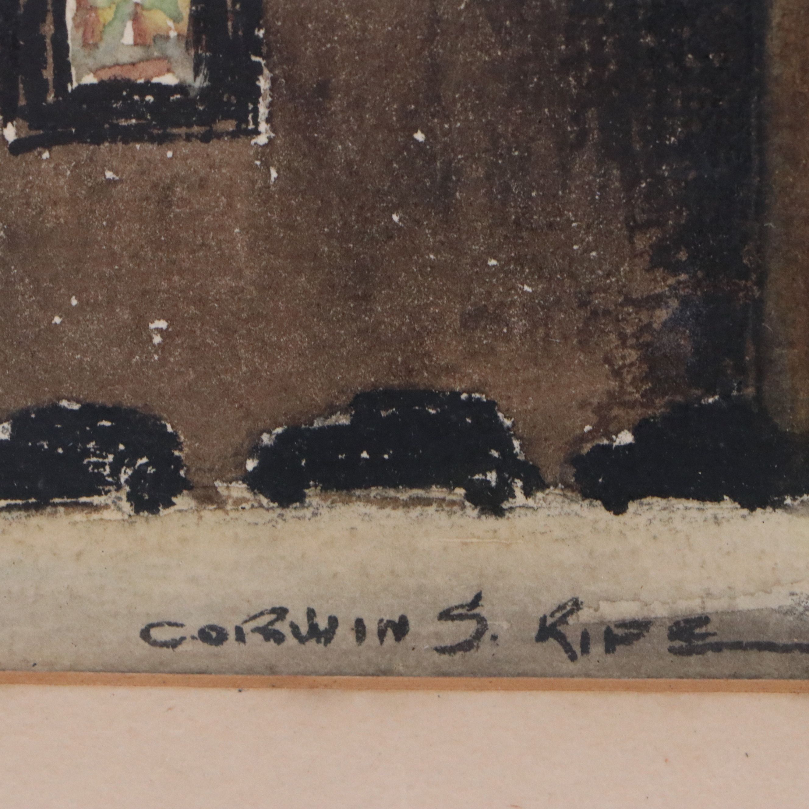 Corwin S. Rife Watercolor of Streetscape with Church, Mid to Late 20th Century