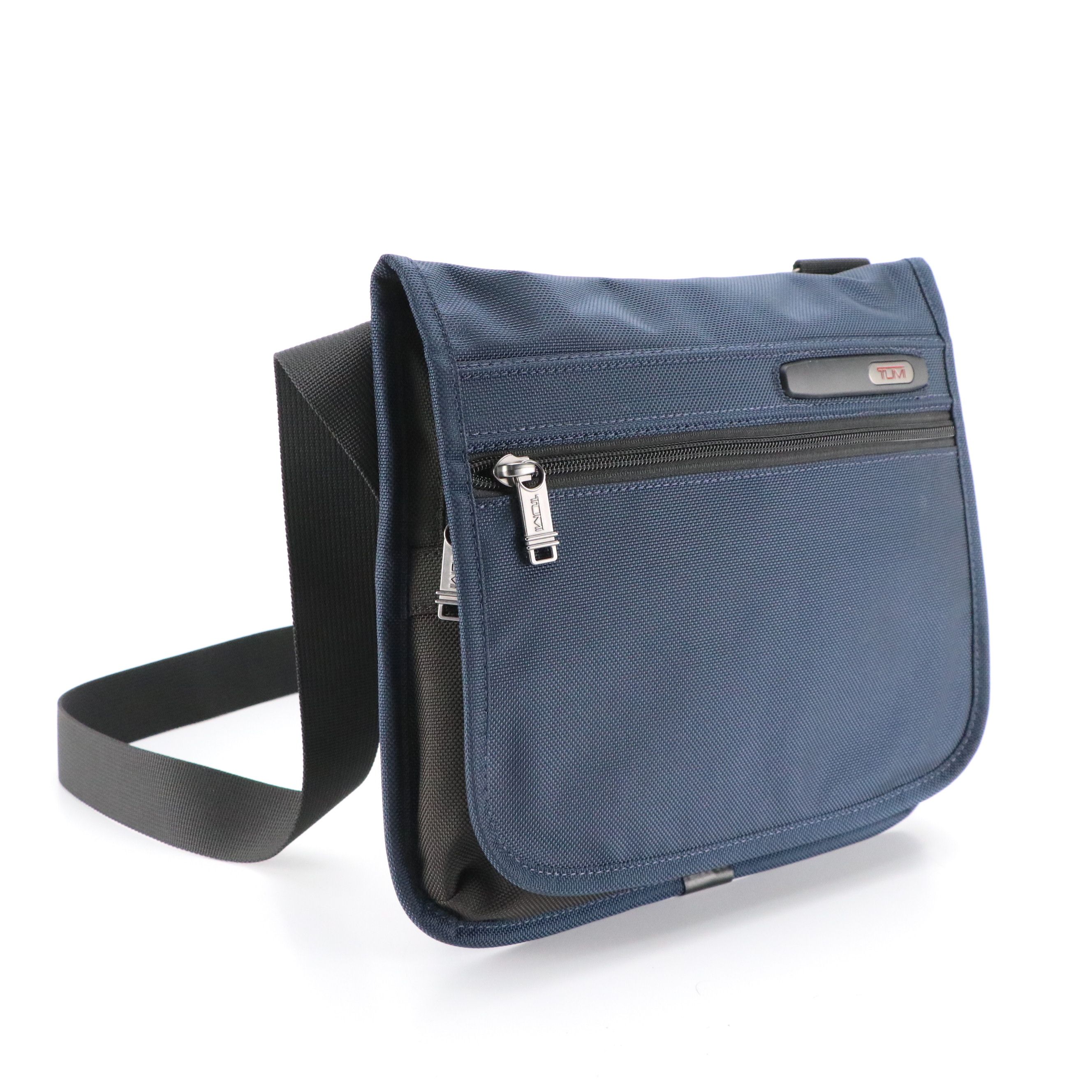 Tumi Small Flap Messenger Bag in Navy Blue Nylon and Leather Trim, With Tag