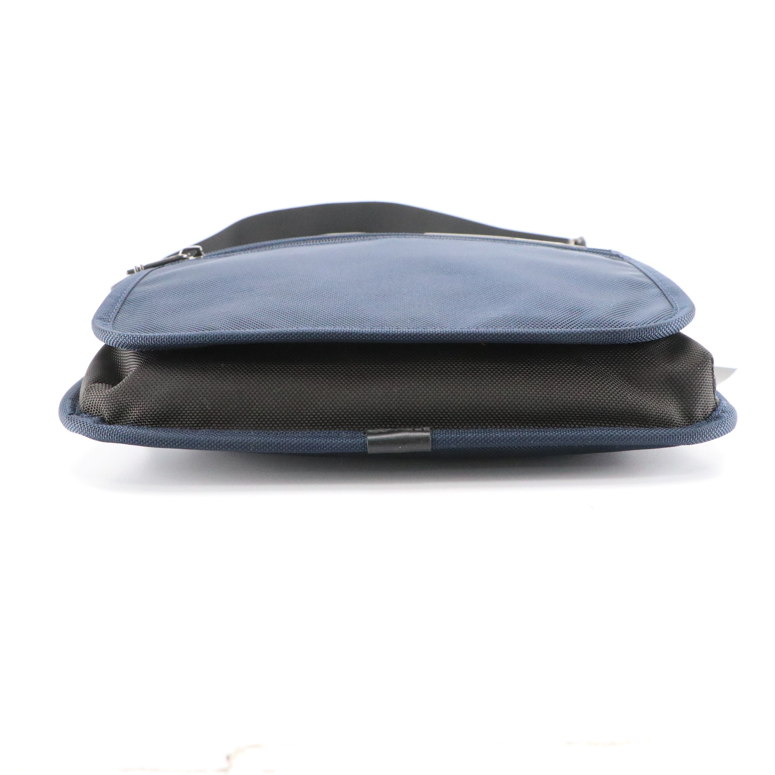 Tumi Small Flap Messenger Bag in Navy Blue Nylon and Leather Trim, With Tag