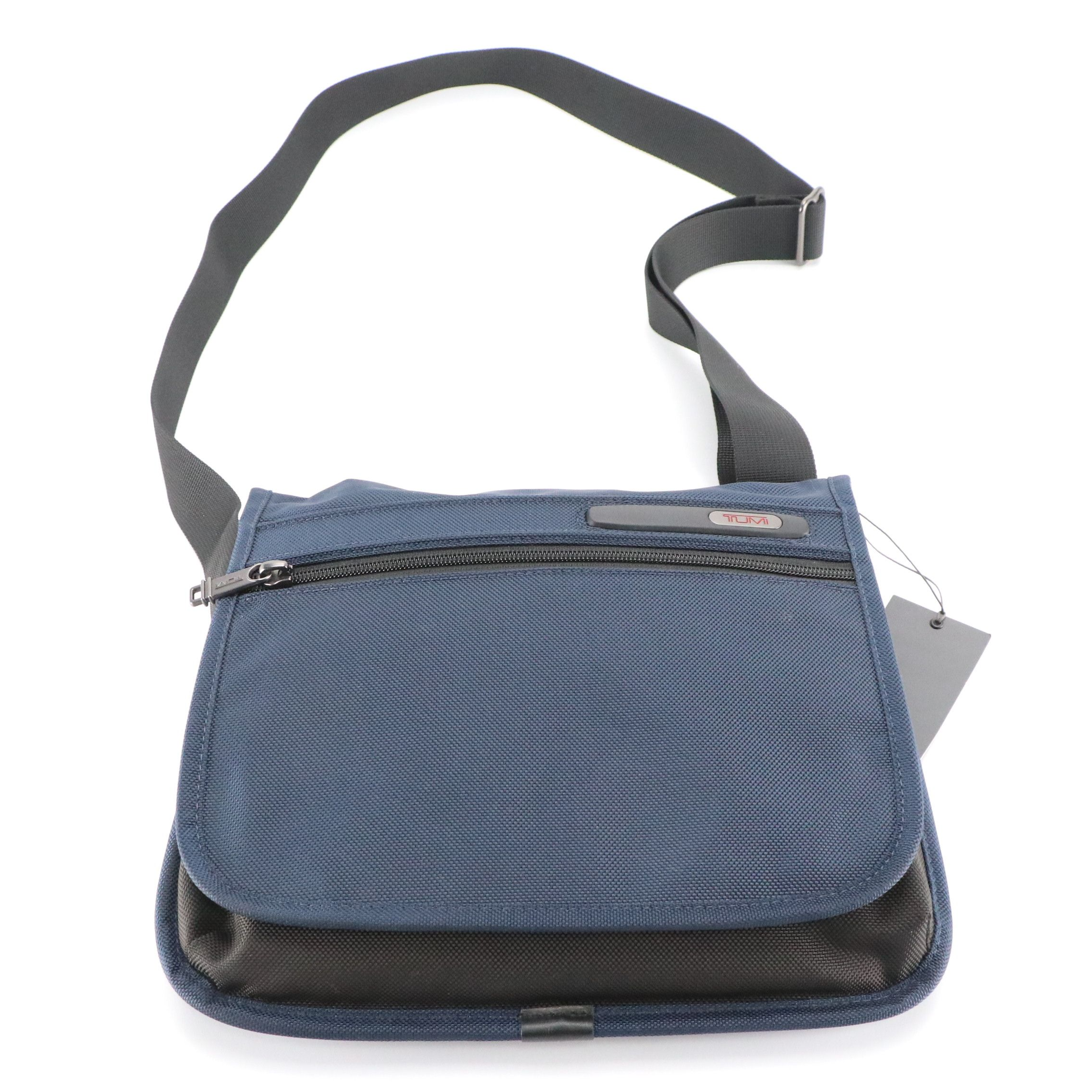 Tumi Small Flap Messenger Bag in Navy Blue Nylon and Leather Trim, With Tag