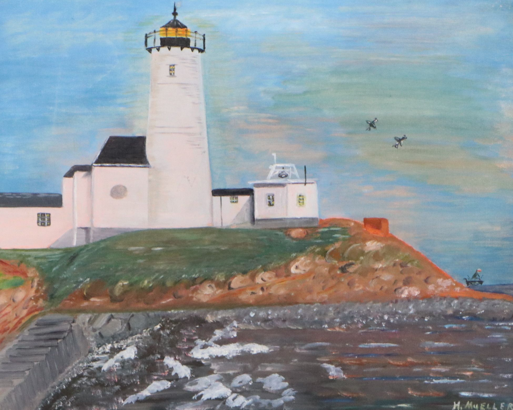 H. Mueller Oil Painting of Lighthouse, Mid to Late 20th Century