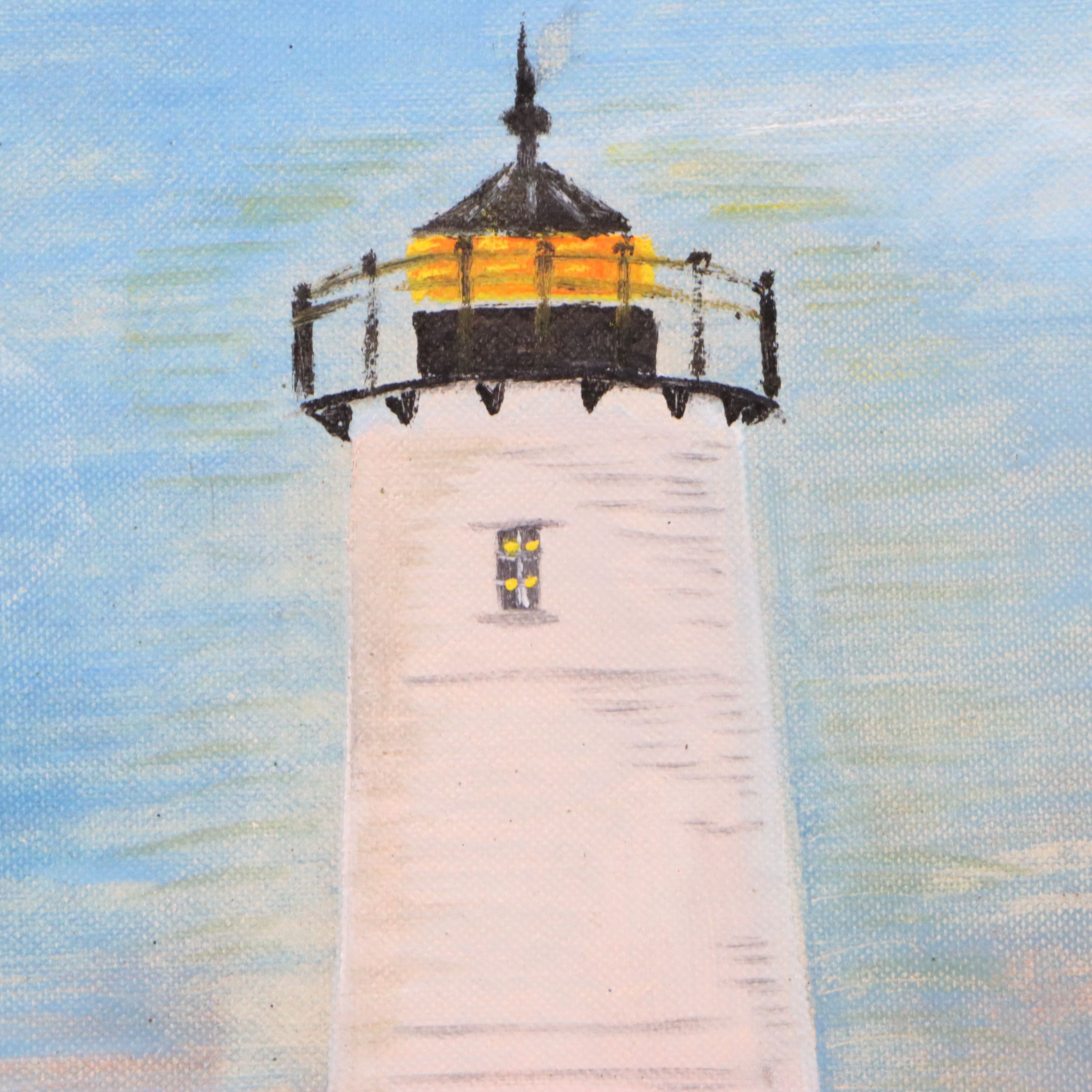 H. Mueller Oil Painting of Lighthouse, Mid to Late 20th Century