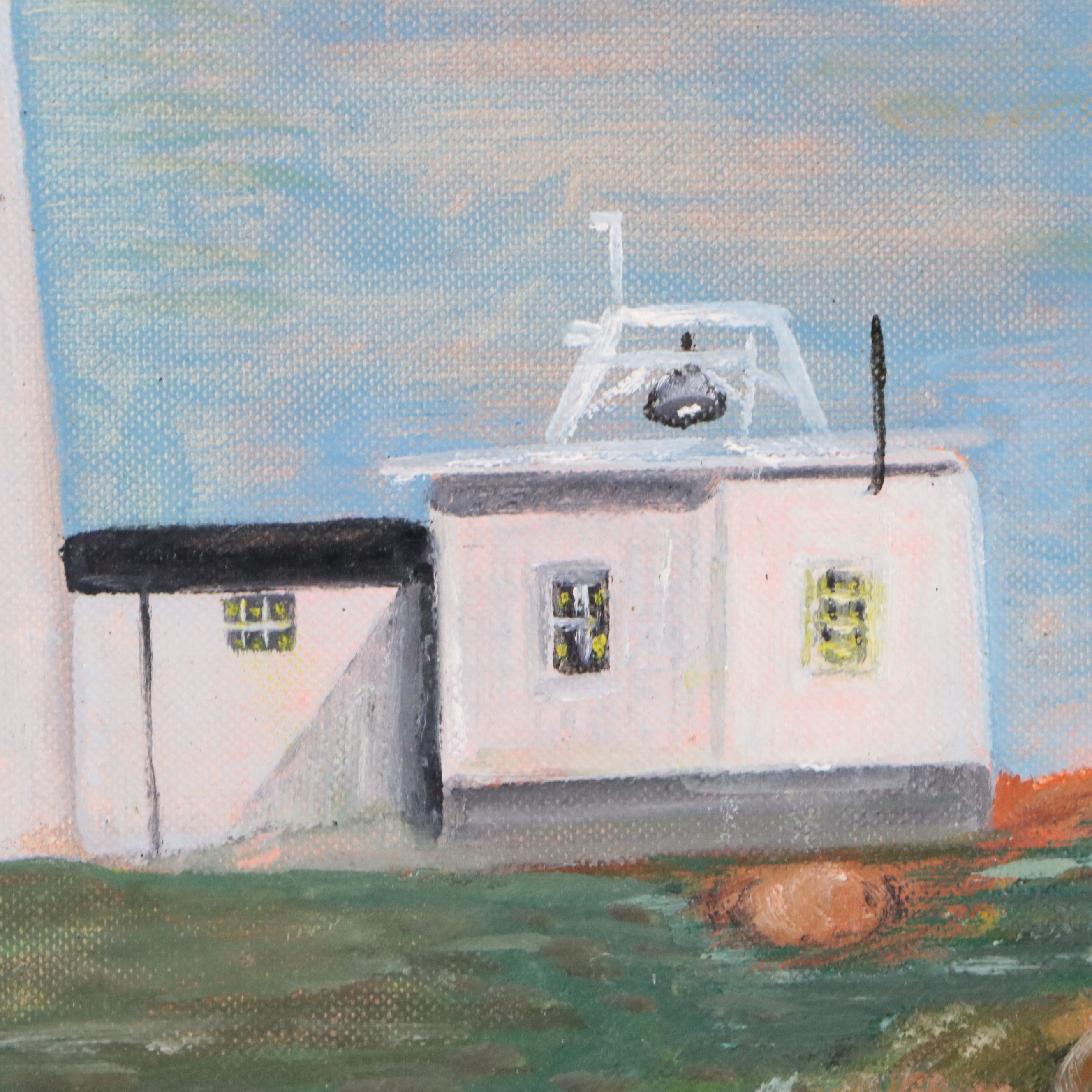 H. Mueller Oil Painting of Lighthouse, Mid to Late 20th Century