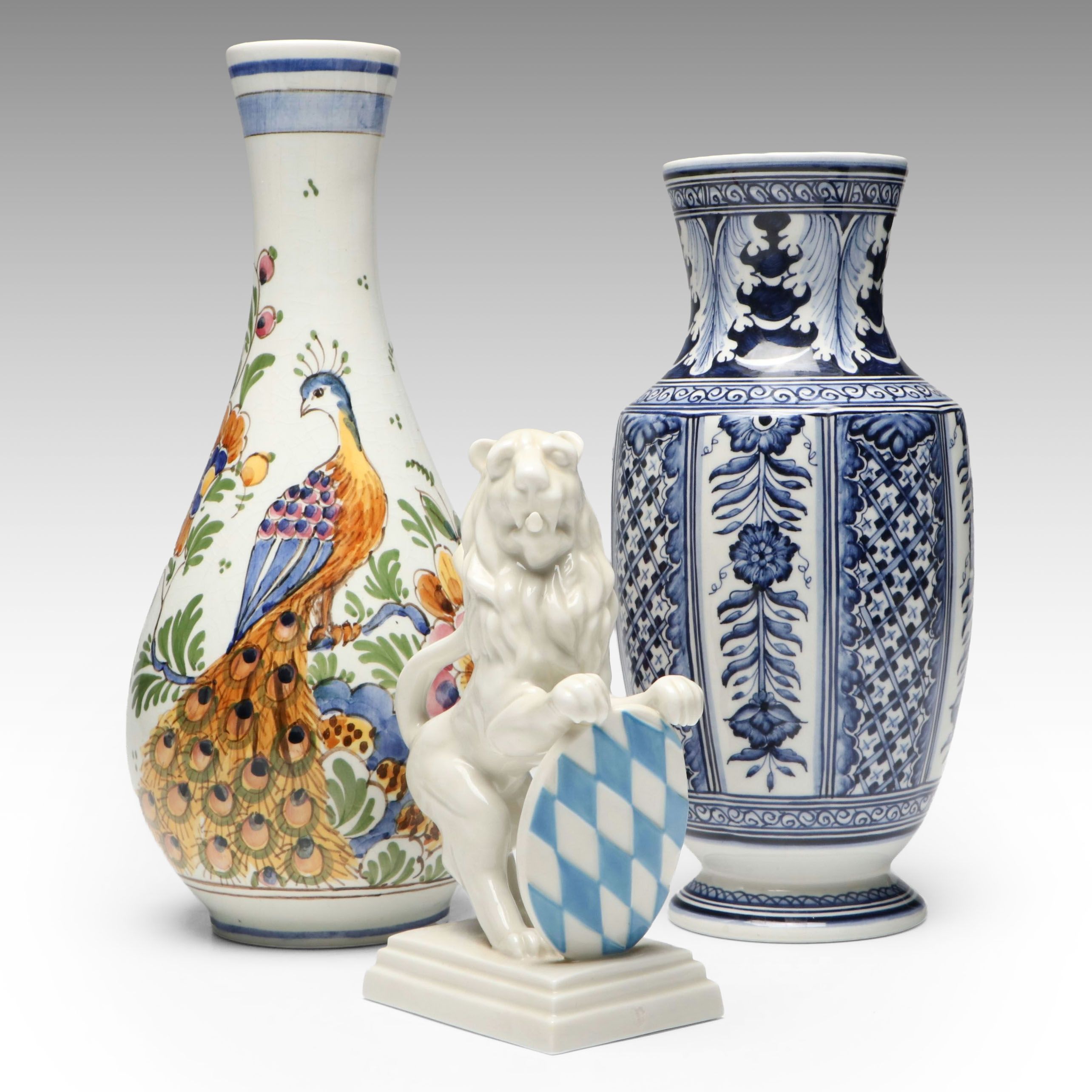Real Cerâmica and Other Hand-Painted Vase with Nymphenburg Lion Figure