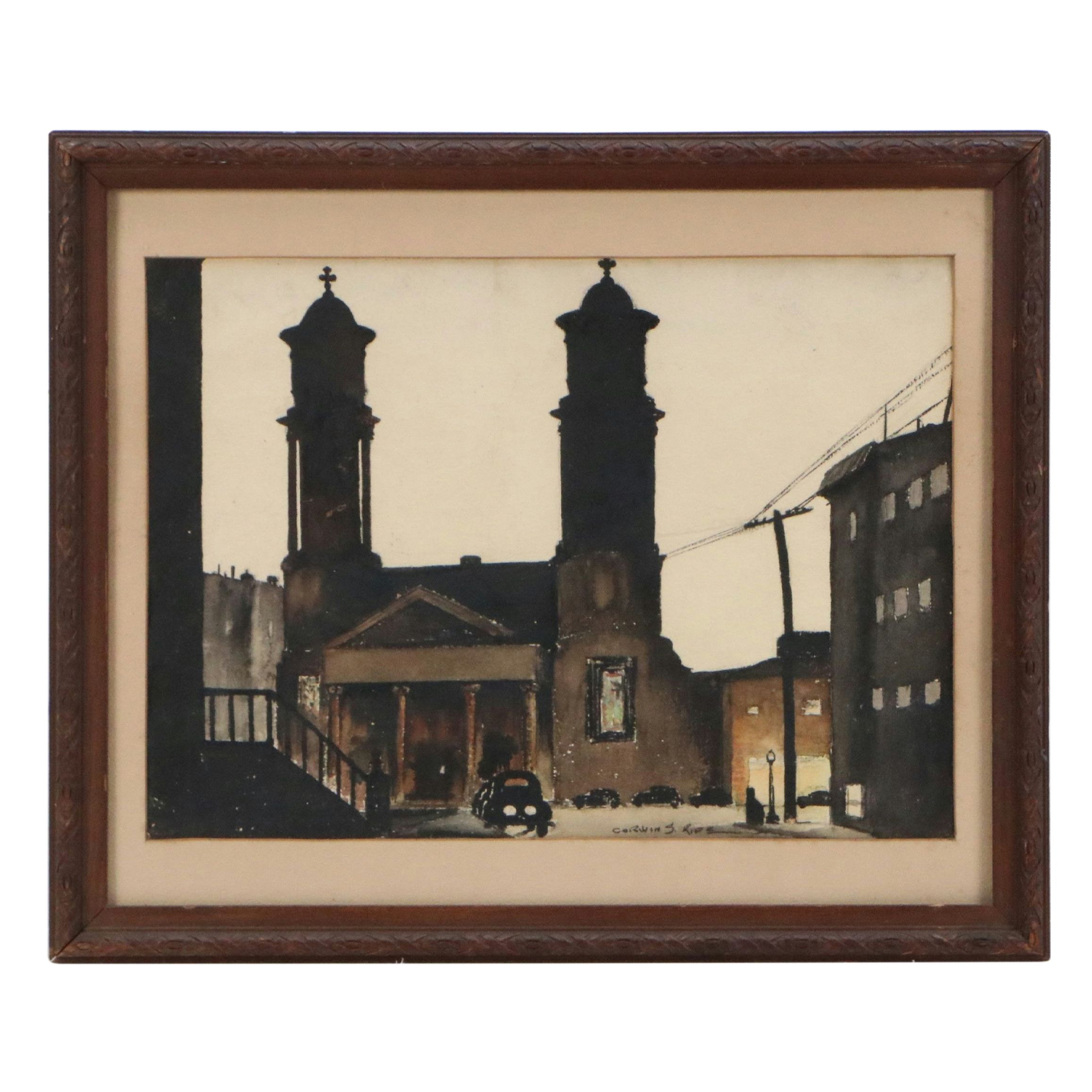Corwin S. Rife Watercolor of Streetscape with Church, Mid to Late 20th Century