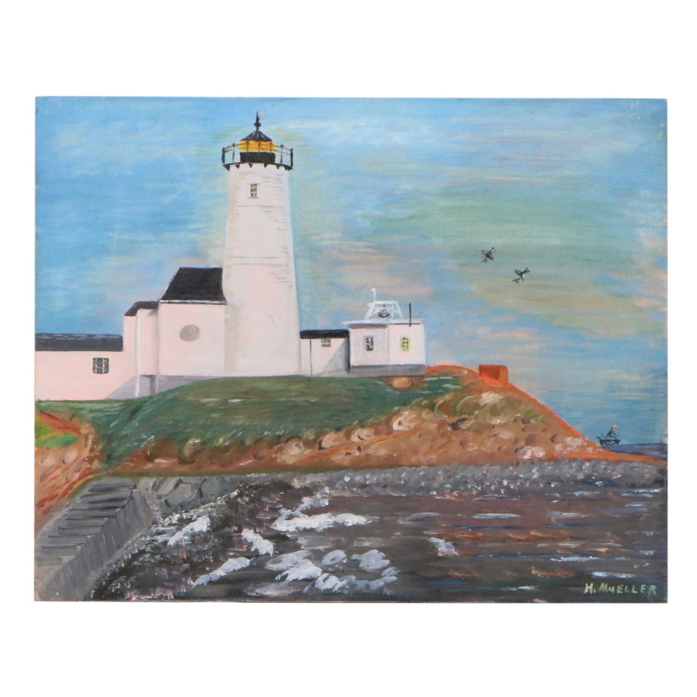 H. Mueller Oil Painting of Lighthouse, Mid to Late 20th Century