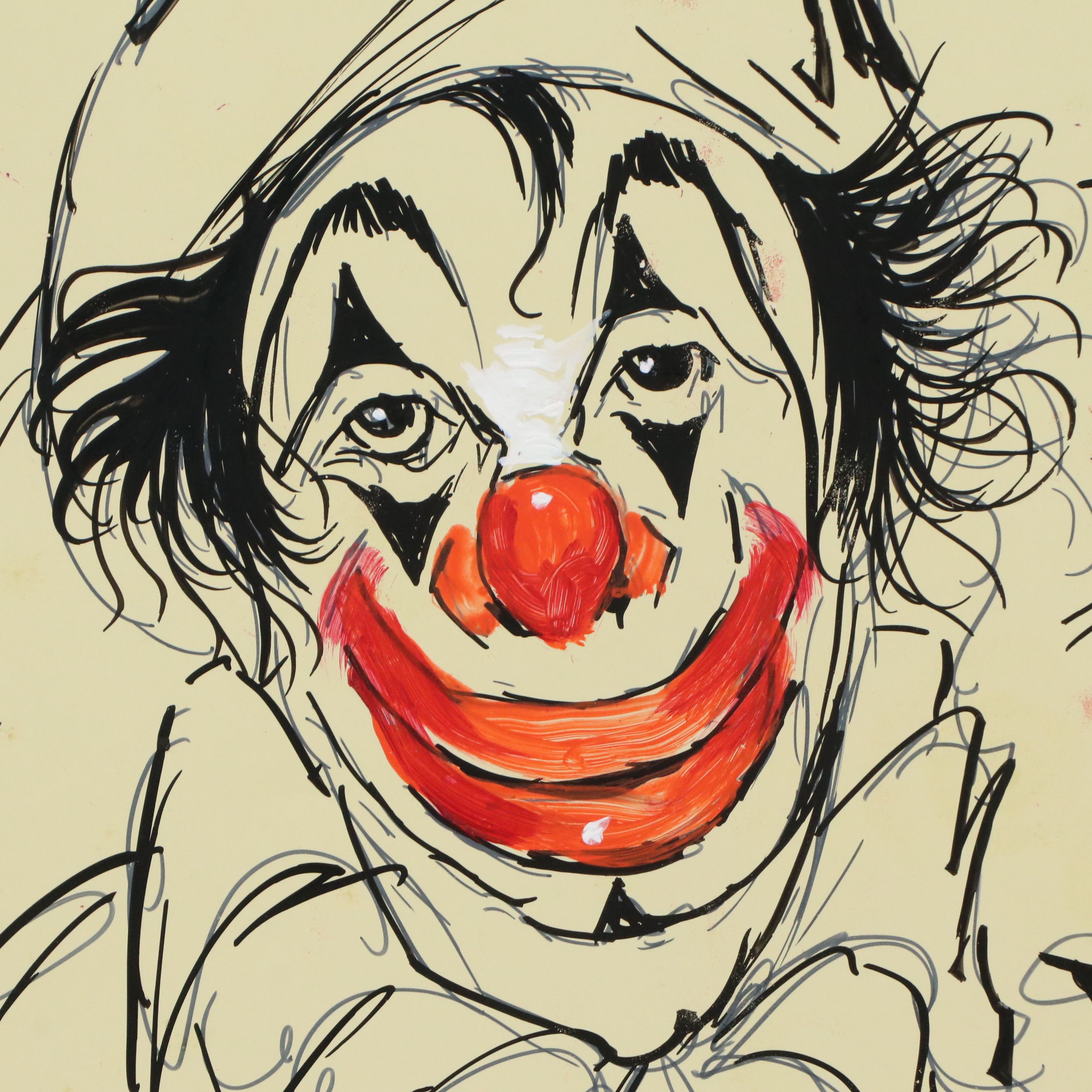 Louis Spiegel Ink and Gouache Sketch of Clown Portrait; Newspaper Clipping