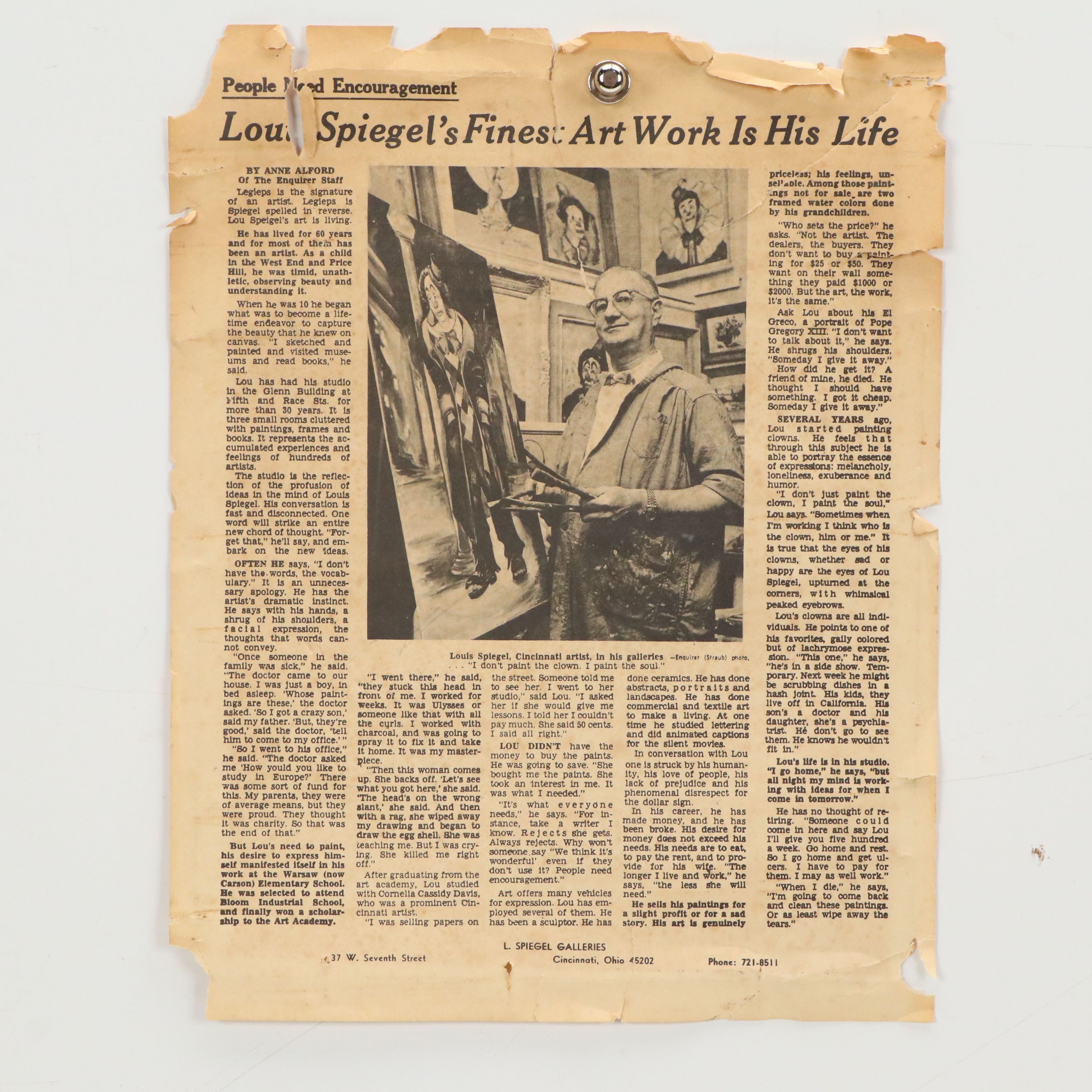 Louis Spiegel Ink and Gouache Sketch of Clown Portrait; Newspaper Clipping