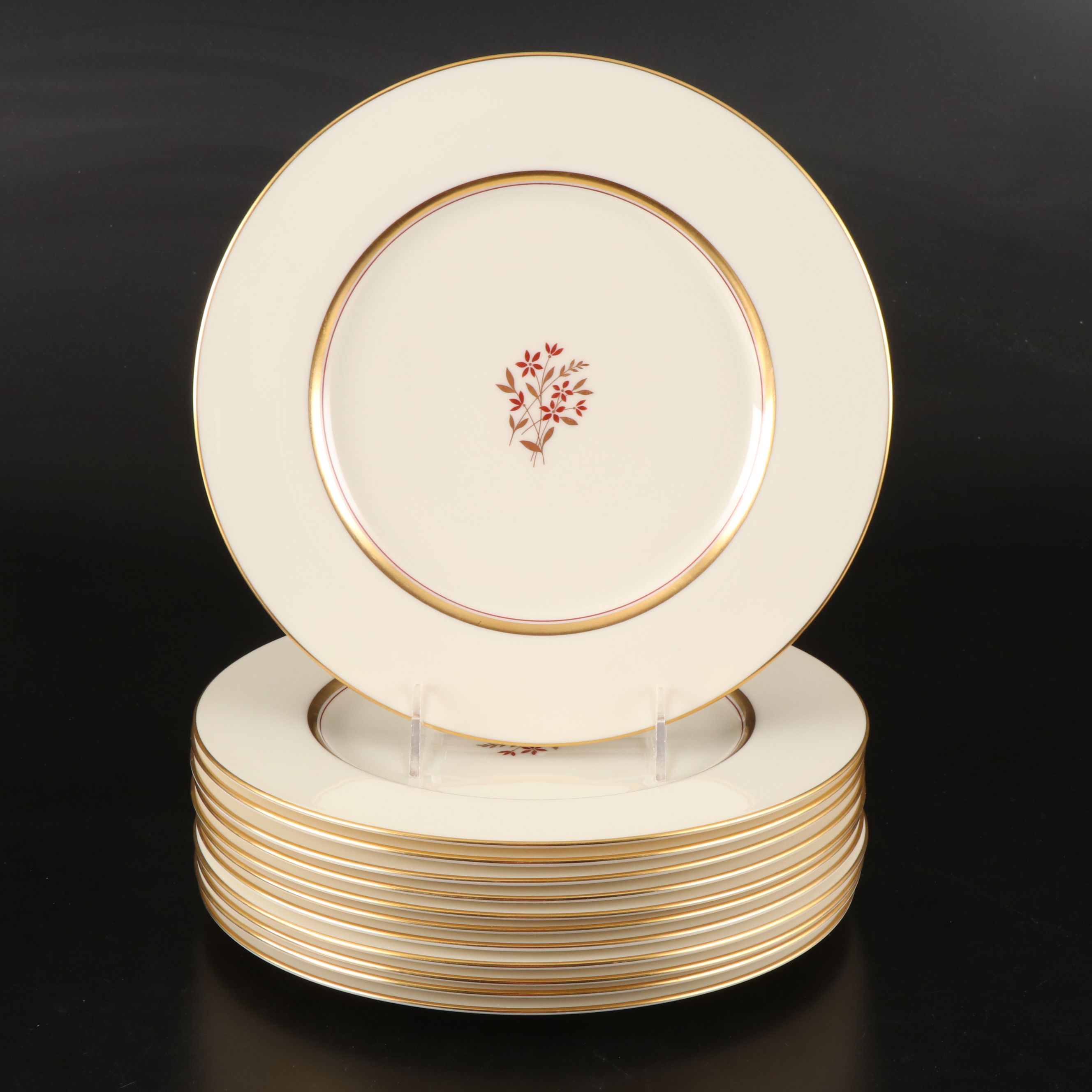 Lenox "Nydia" Gold Rimmed Floral Porcelain Dinnerware, Mid-20th Century