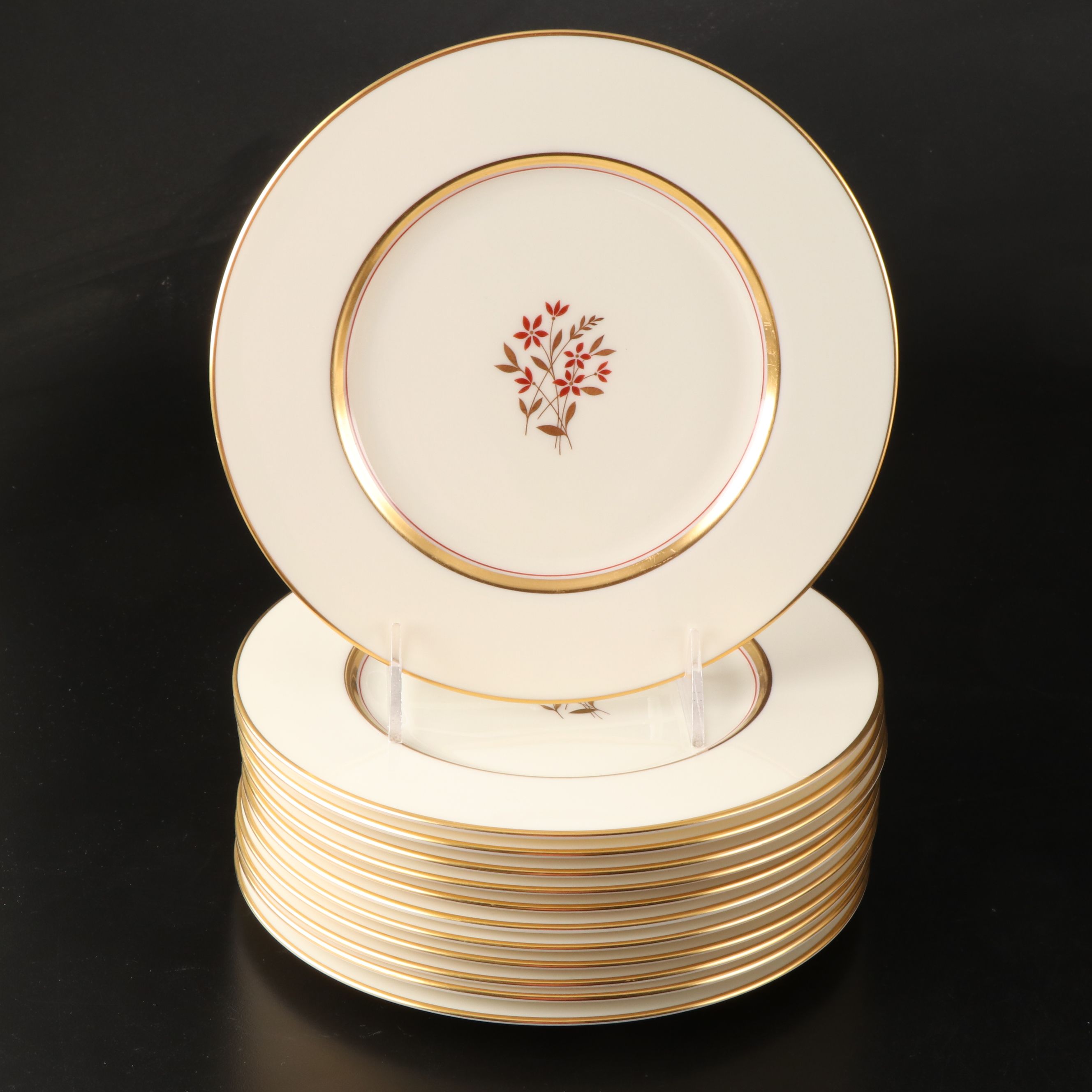 Lenox "Nydia" Gold Rimmed Floral Porcelain Dinnerware, Mid-20th Century